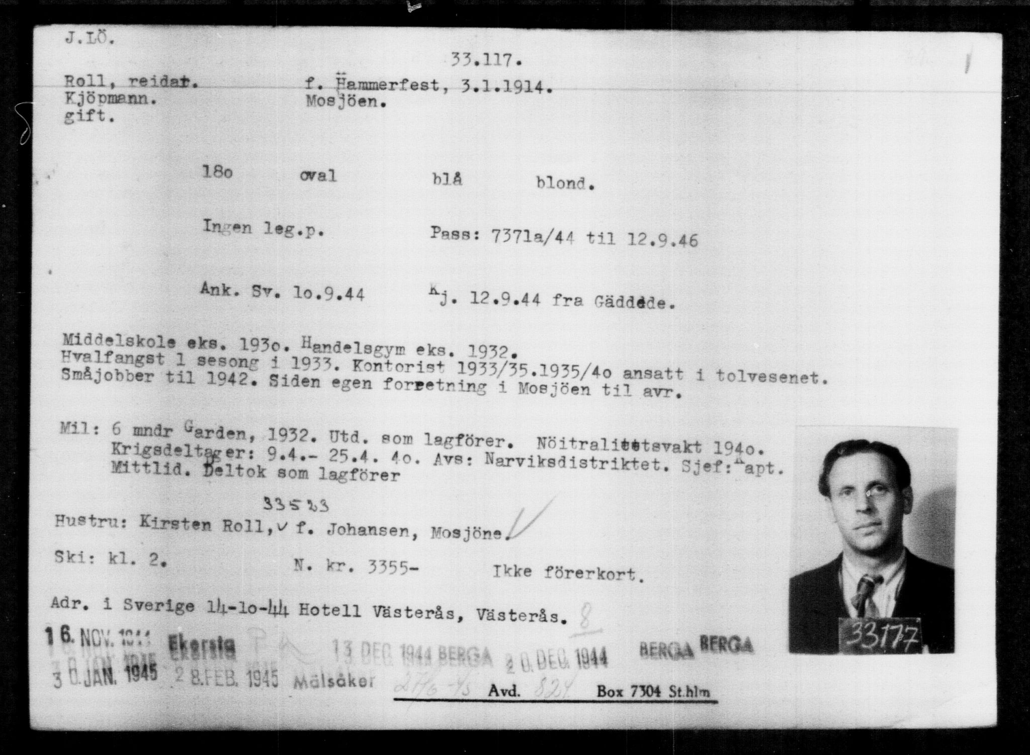 Utenriksstasjonene, Legasjonen i Stockholm, Flyktningkontoret, AV/RA-S-6753/V/Va/L0013: Kjesäterkartoteket, flyktninger med registreringsnr. 31500-34731, 1940-1945, p. 1700