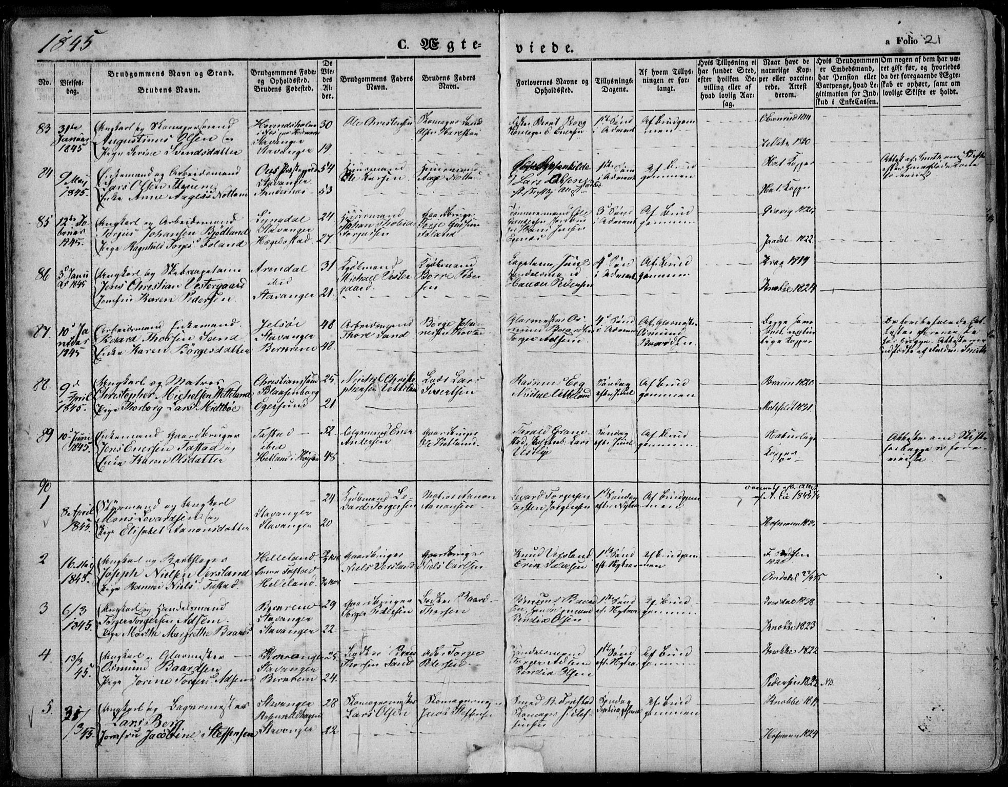 Domkirken sokneprestkontor, SAST/A-101812/001/30/30BA/L0015: Parish register (official) no. A 14, 1842-1857, p. 21