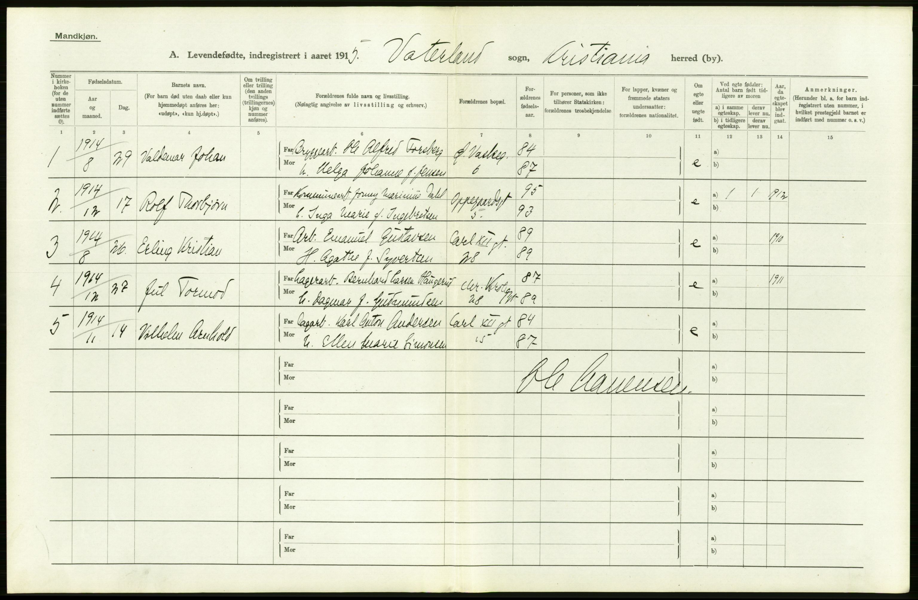 Statistisk sentralbyrå, Sosiodemografiske emner, Befolkning, AV/RA-S-2228/D/Df/Dfb/Dfbe/L0006: Kristiania: Levendefødte menn og kvinner., 1915, p. 328