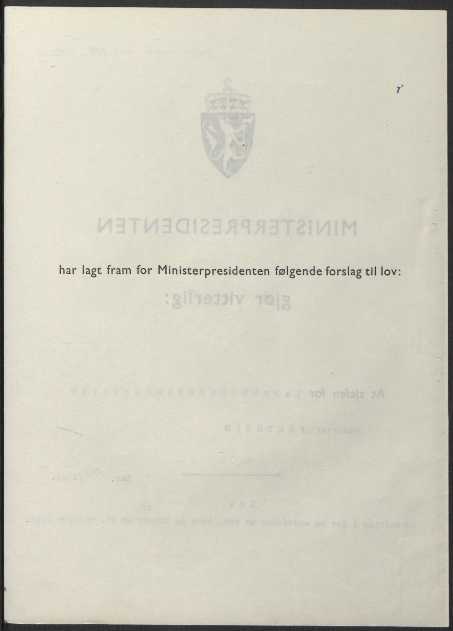 NS-administrasjonen 1940-1945 (Statsrådsekretariatet, de kommisariske statsråder mm), AV/RA-S-4279/D/Db/L0100: Lover, 1944, p. 579