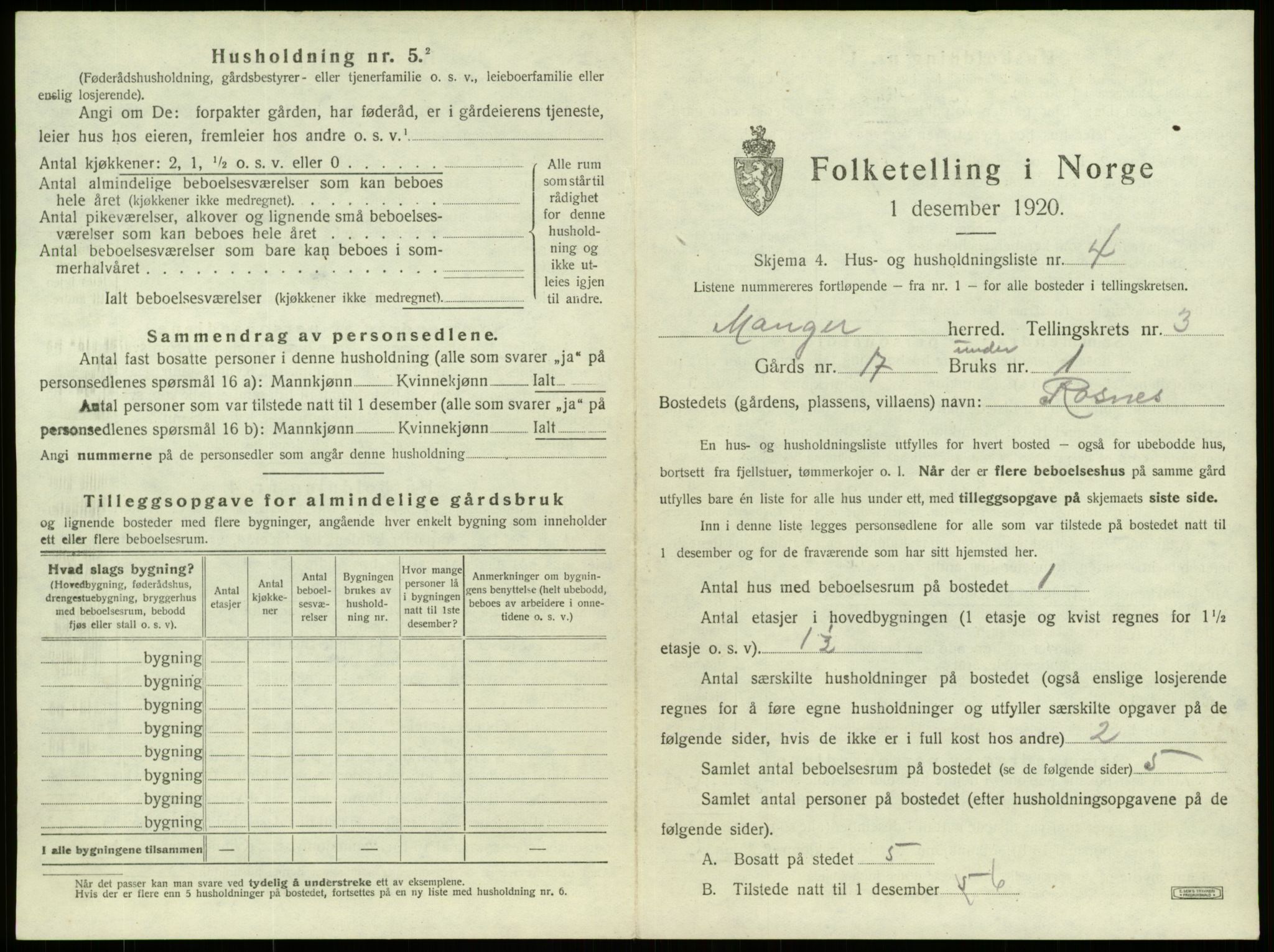 SAB, 1920 census for Manger, 1920, p. 182