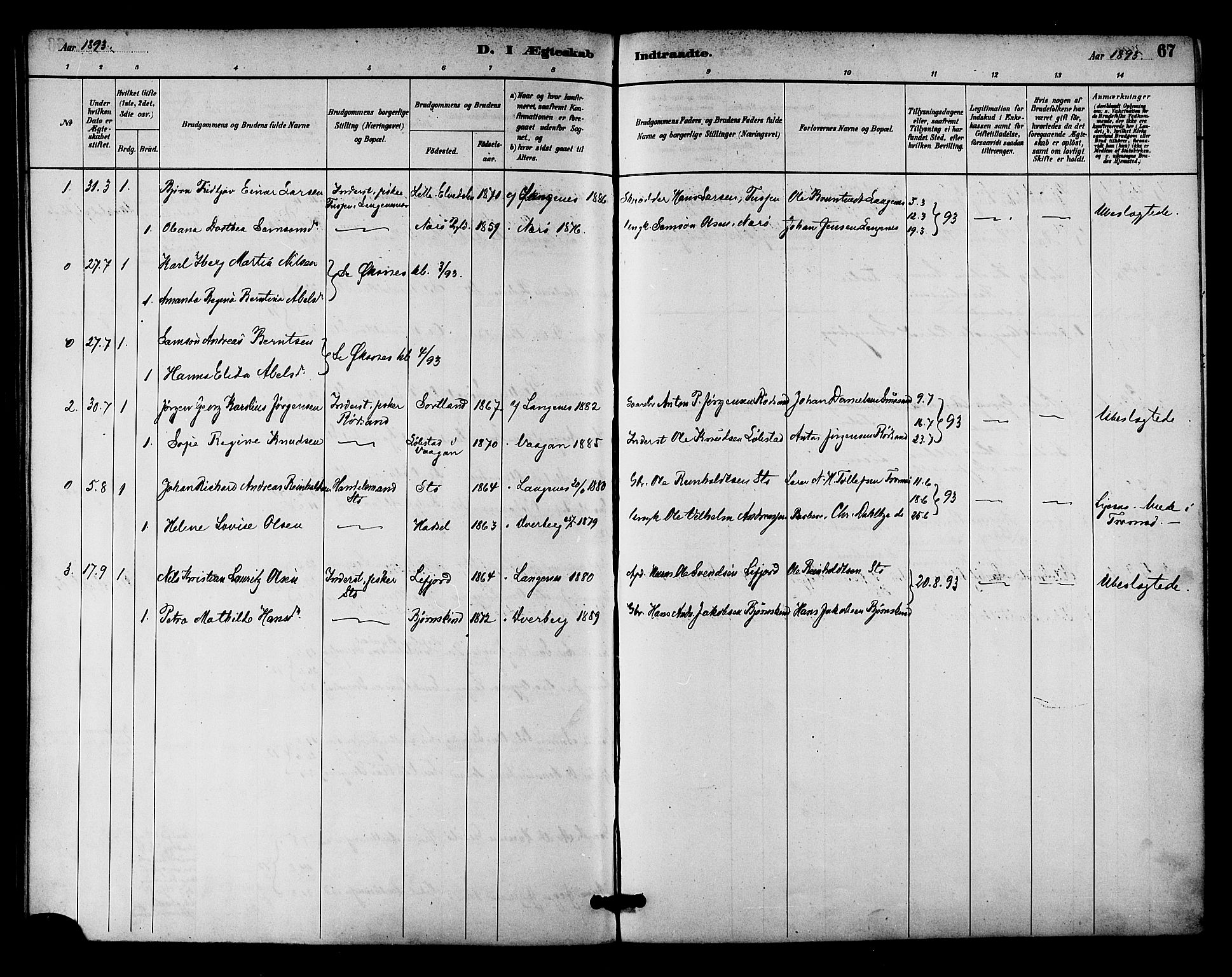 Ministerialprotokoller, klokkerbøker og fødselsregistre - Nordland, SAT/A-1459/894/L1355: Parish register (official) no. 894A01, 1885-1896, p. 67