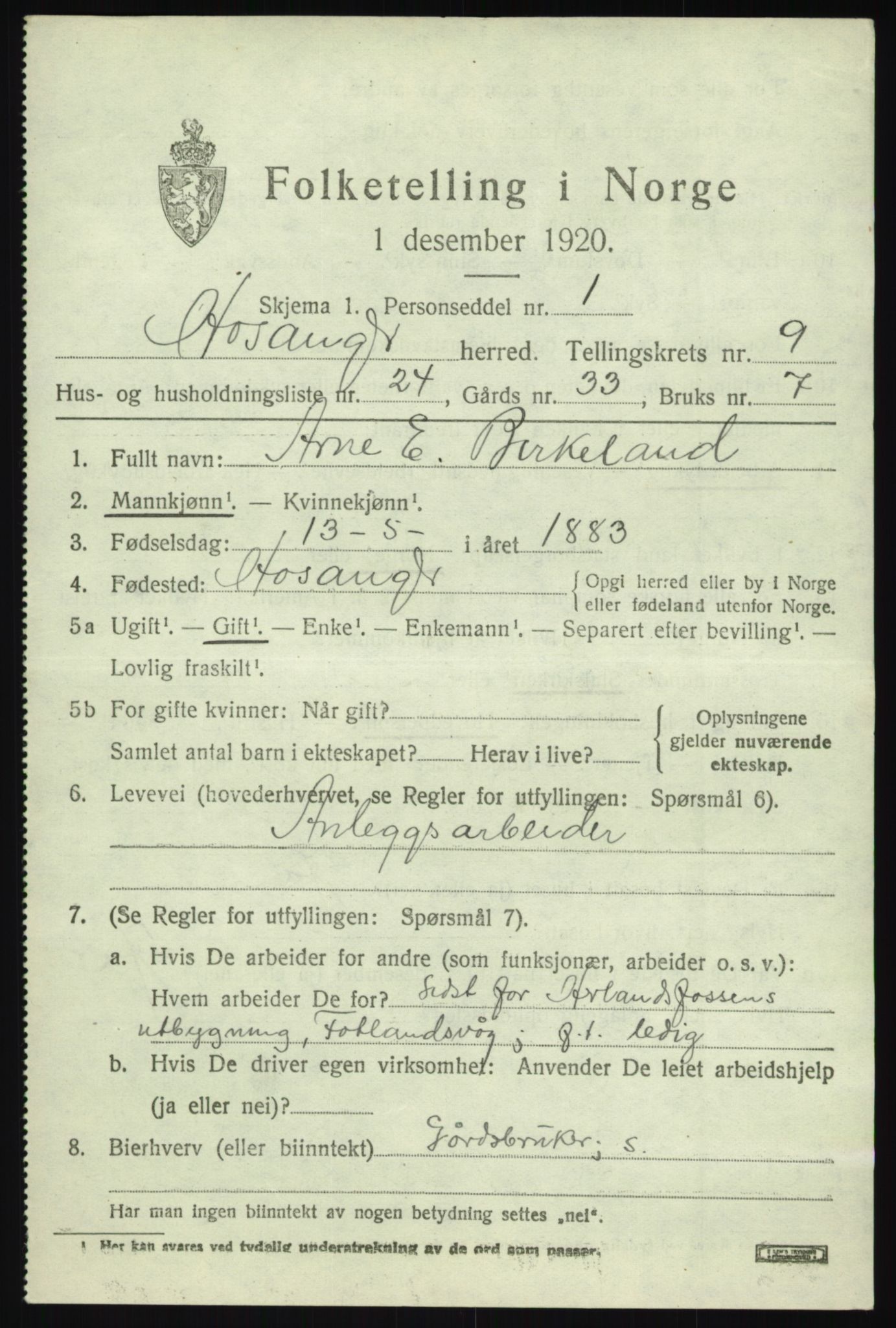 SAB, 1920 census for Hosanger, 1920, p. 4179