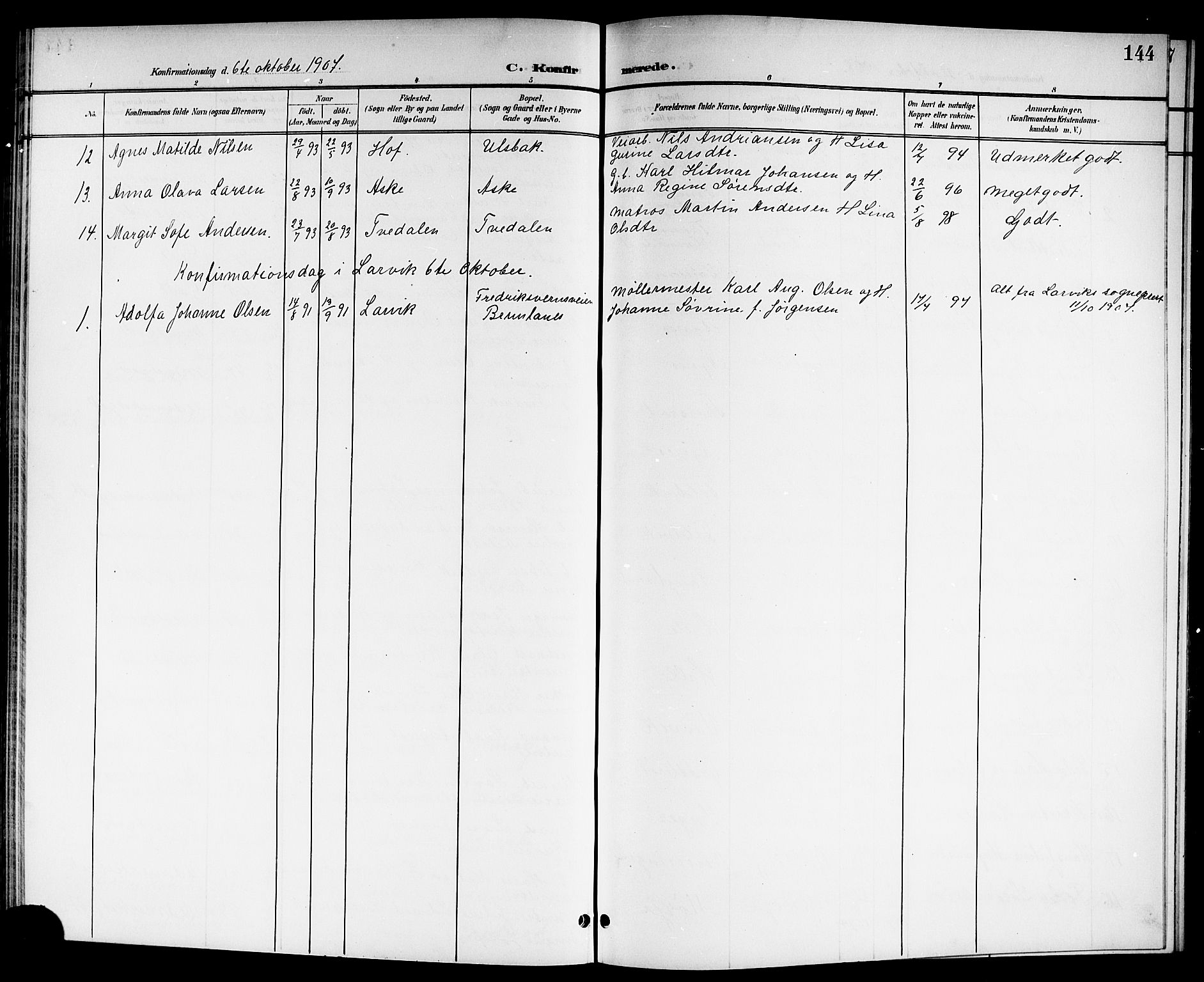 Brunlanes kirkebøker, SAKO/A-342/G/Ga/L0004: Parish register (copy) no. I 4, 1898-1921, p. 144