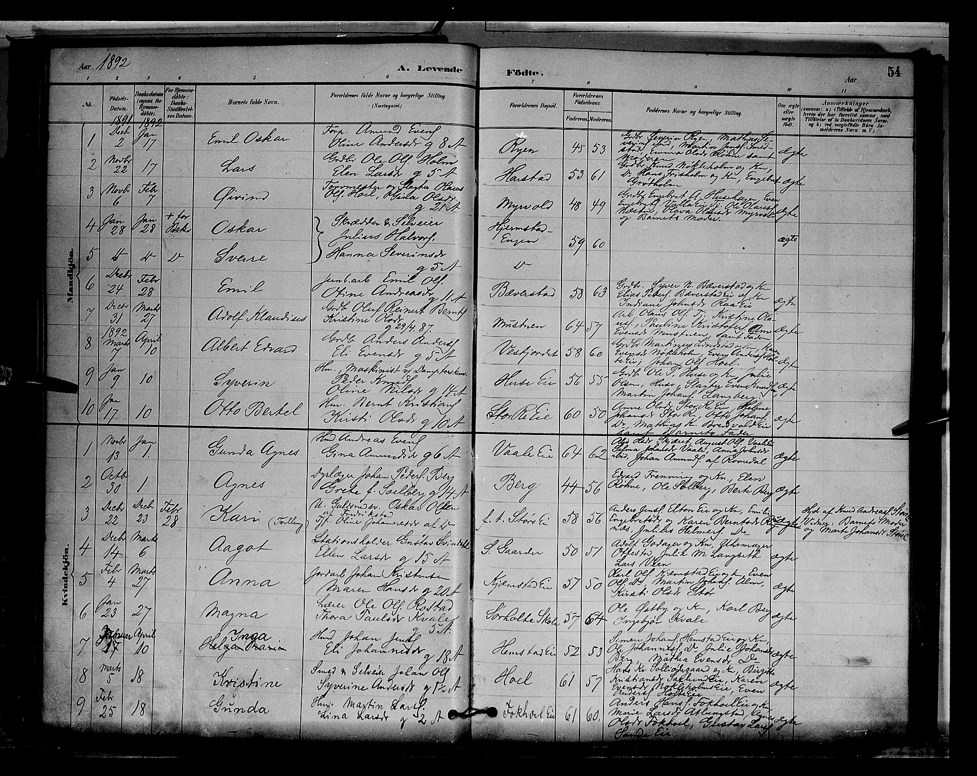 Stange prestekontor, SAH/PREST-002/L/L0009: Parish register (copy) no. 9, 1883-1899, p. 54