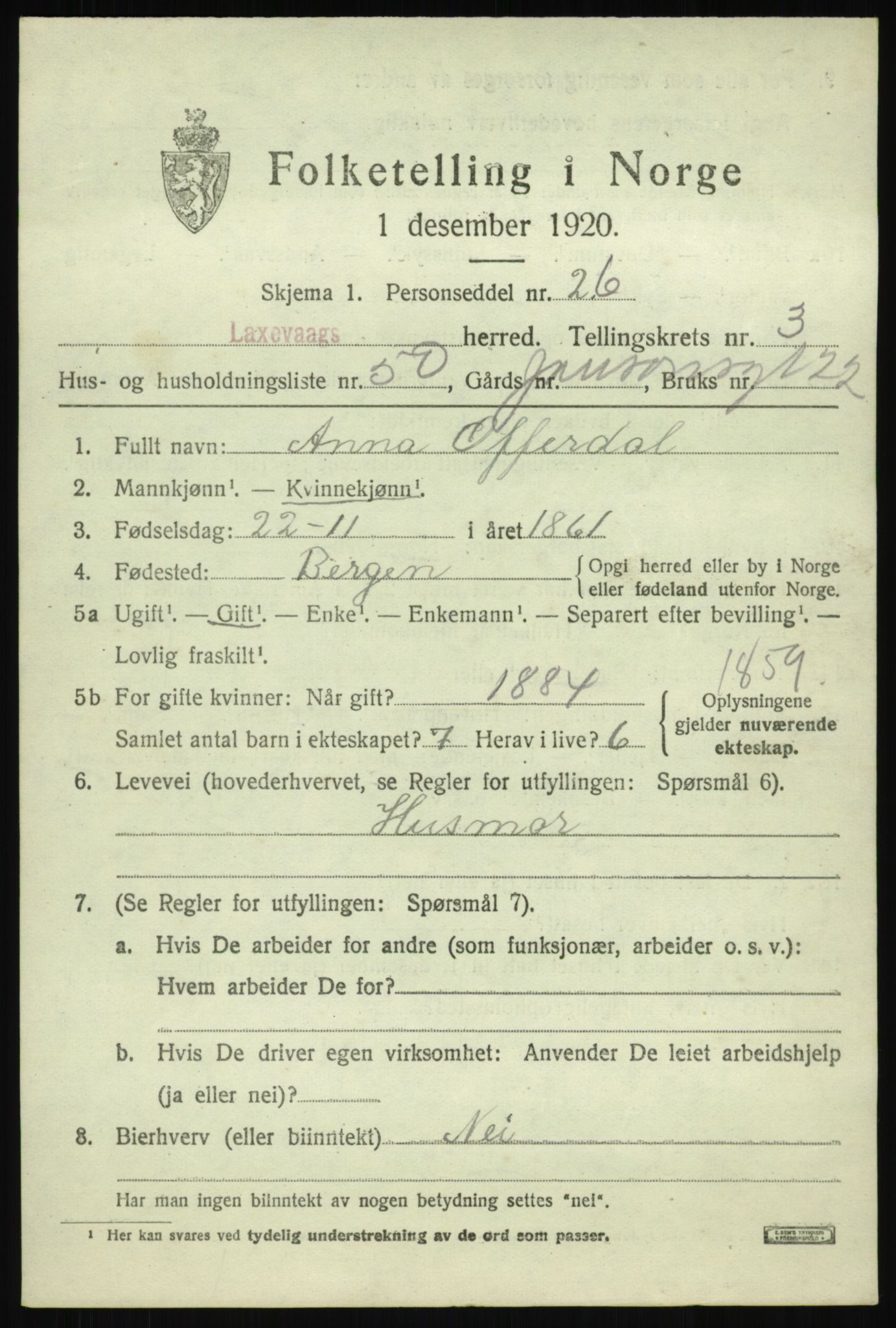 SAB, 1920 census for Laksevåg, 1920, p. 9492