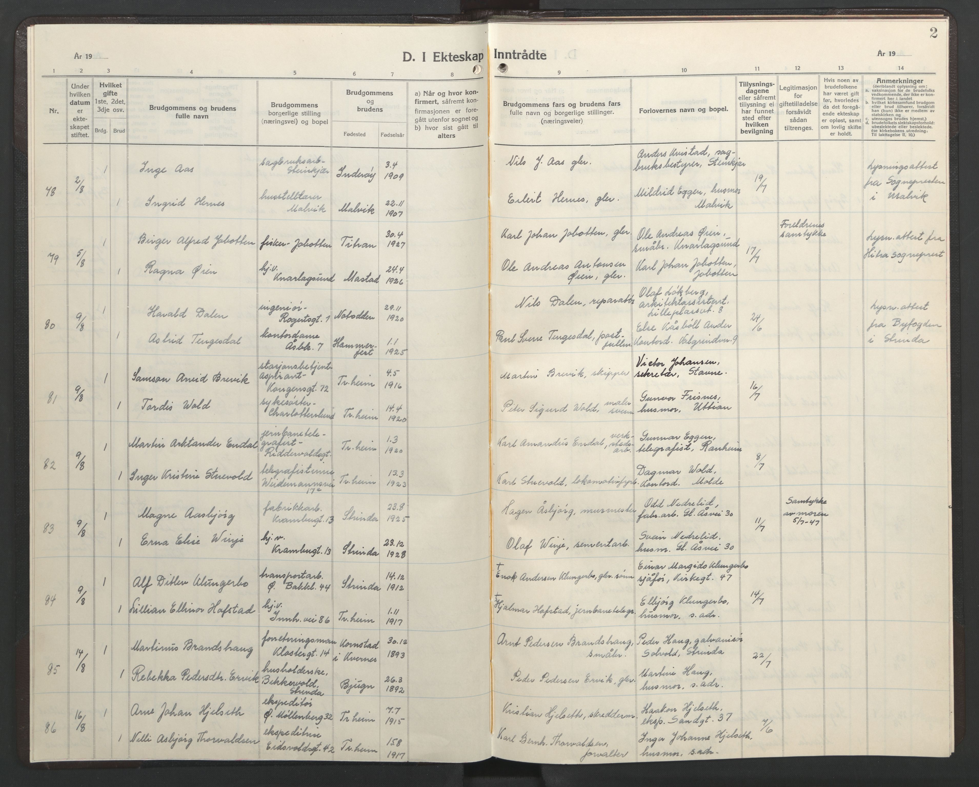 Ministerialprotokoller, klokkerbøker og fødselsregistre - Sør-Trøndelag, SAT/A-1456/602/L0155: Parish register (copy) no. 602C23, 1947-1950, p. 2