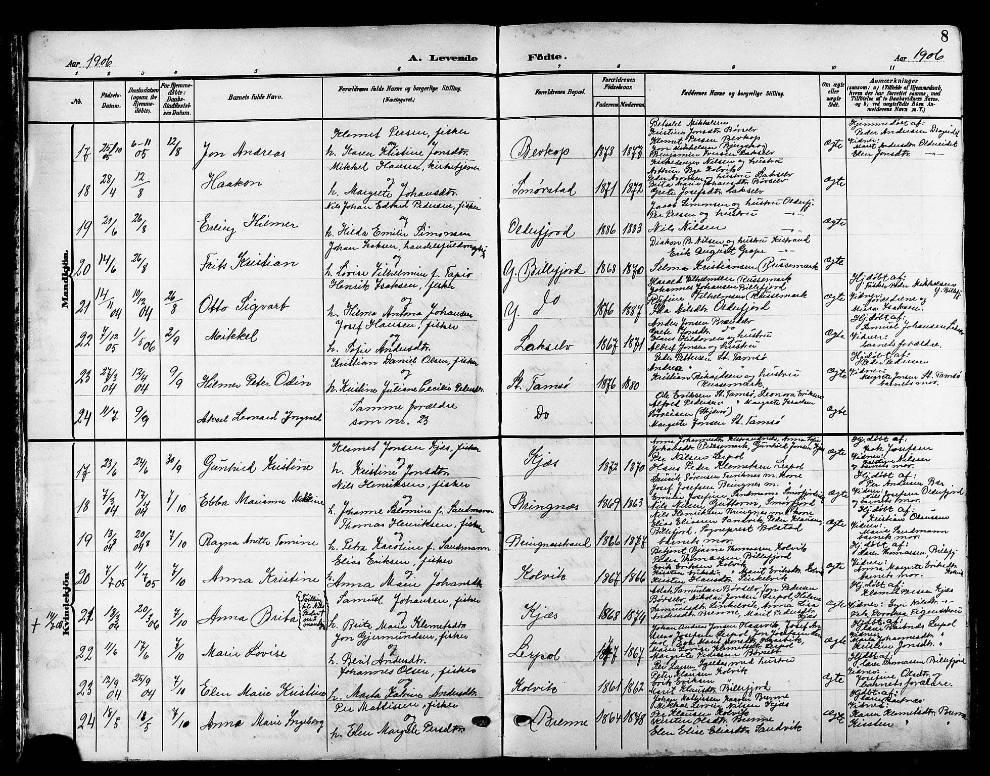 Kistrand/Porsanger sokneprestembete, AV/SATØ-S-1351/H/Hb/L0006.klokk: Parish register (copy) no. 6, 1905-1917, p. 8