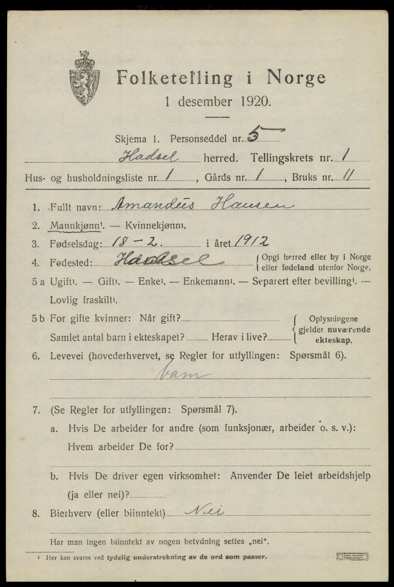 SAT, 1920 census for Hadsel, 1920, p. 3402