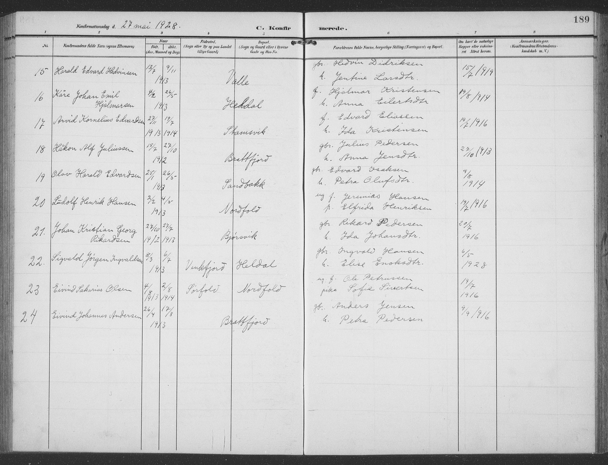 Ministerialprotokoller, klokkerbøker og fødselsregistre - Nordland, AV/SAT-A-1459/858/L0835: Parish register (copy) no. 858C02, 1904-1940, p. 189