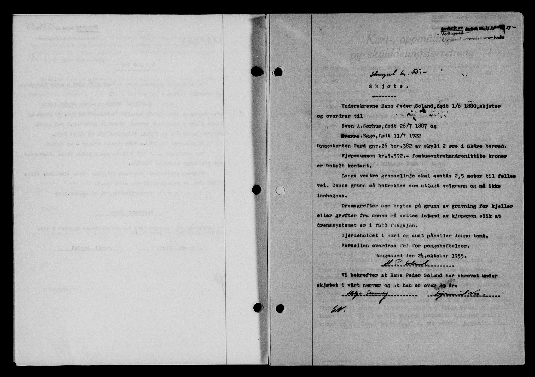 Karmsund sorenskriveri, SAST/A-100311/01/II/IIB/L0117: Mortgage book no. 97Aa, 1955-1955, Diary no: : 3338/1955