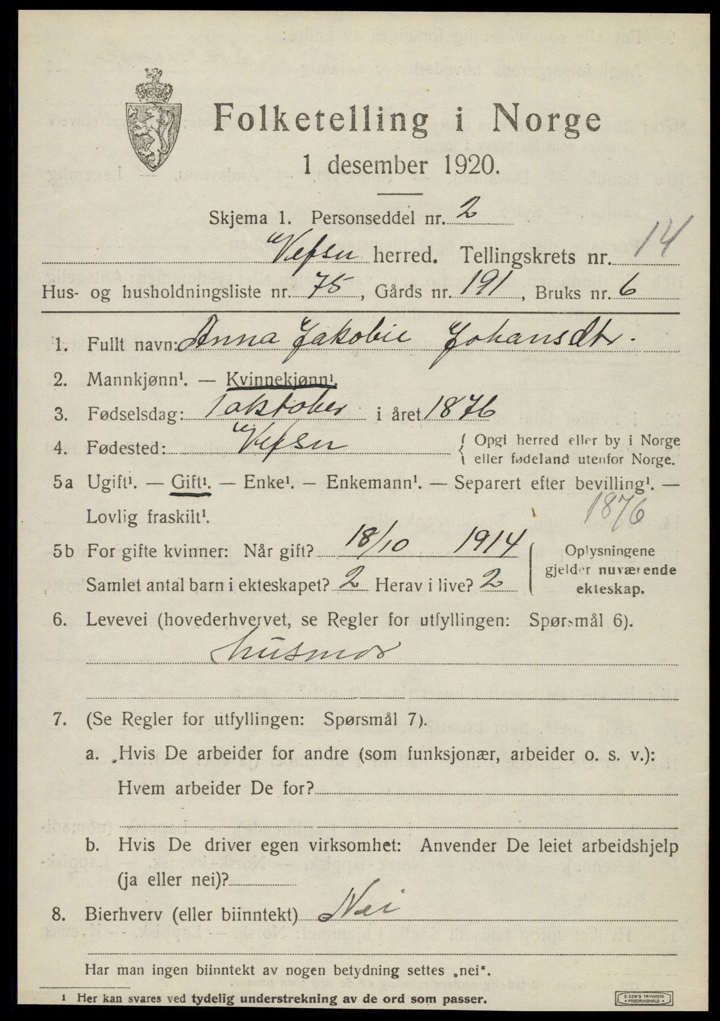 SAT, 1920 census for Vefsn, 1920, p. 11609