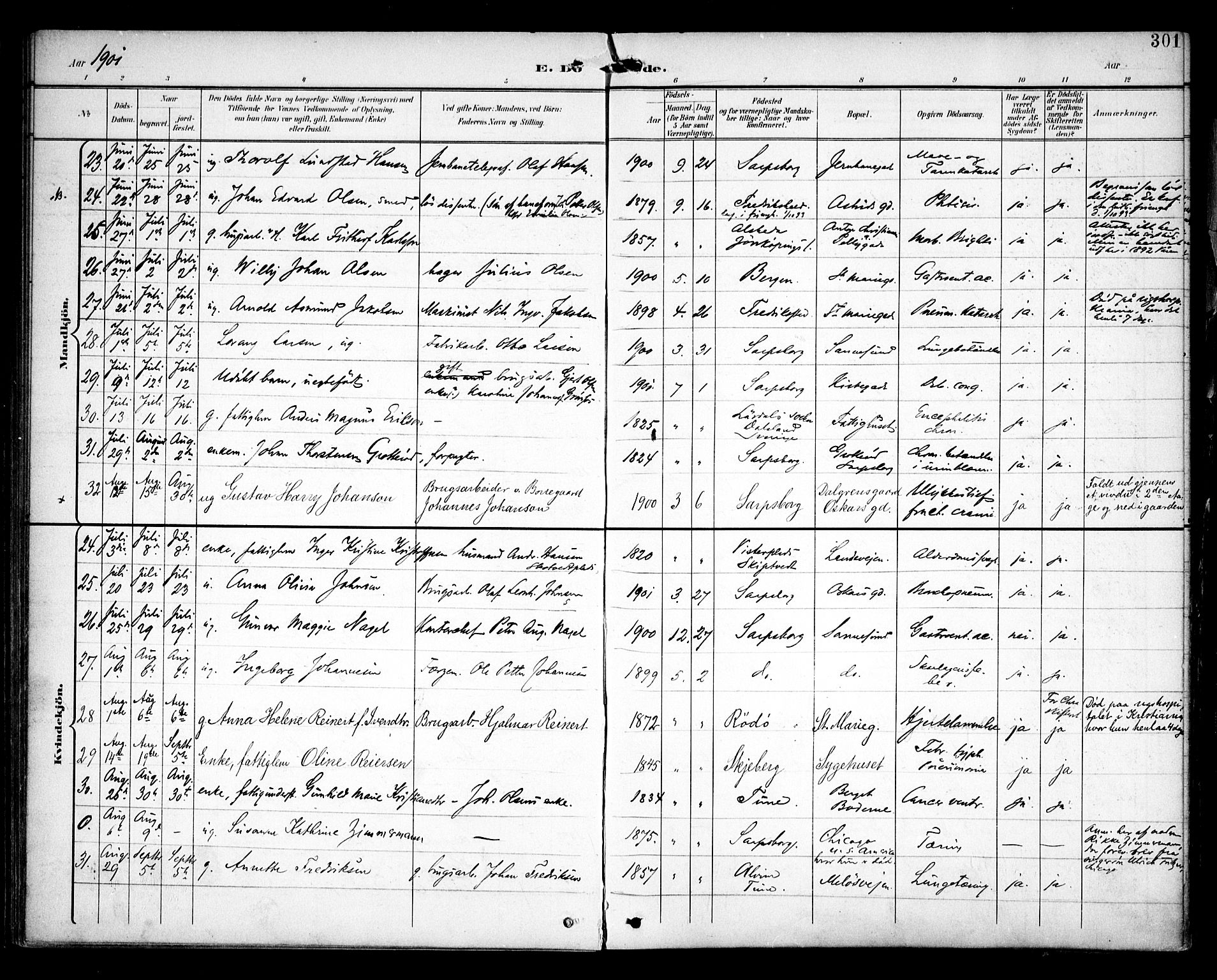 Sarpsborg prestekontor Kirkebøker, AV/SAO-A-2006/F/Fa/L0006: Parish register (official) no. 6, 1900-1909, p. 301