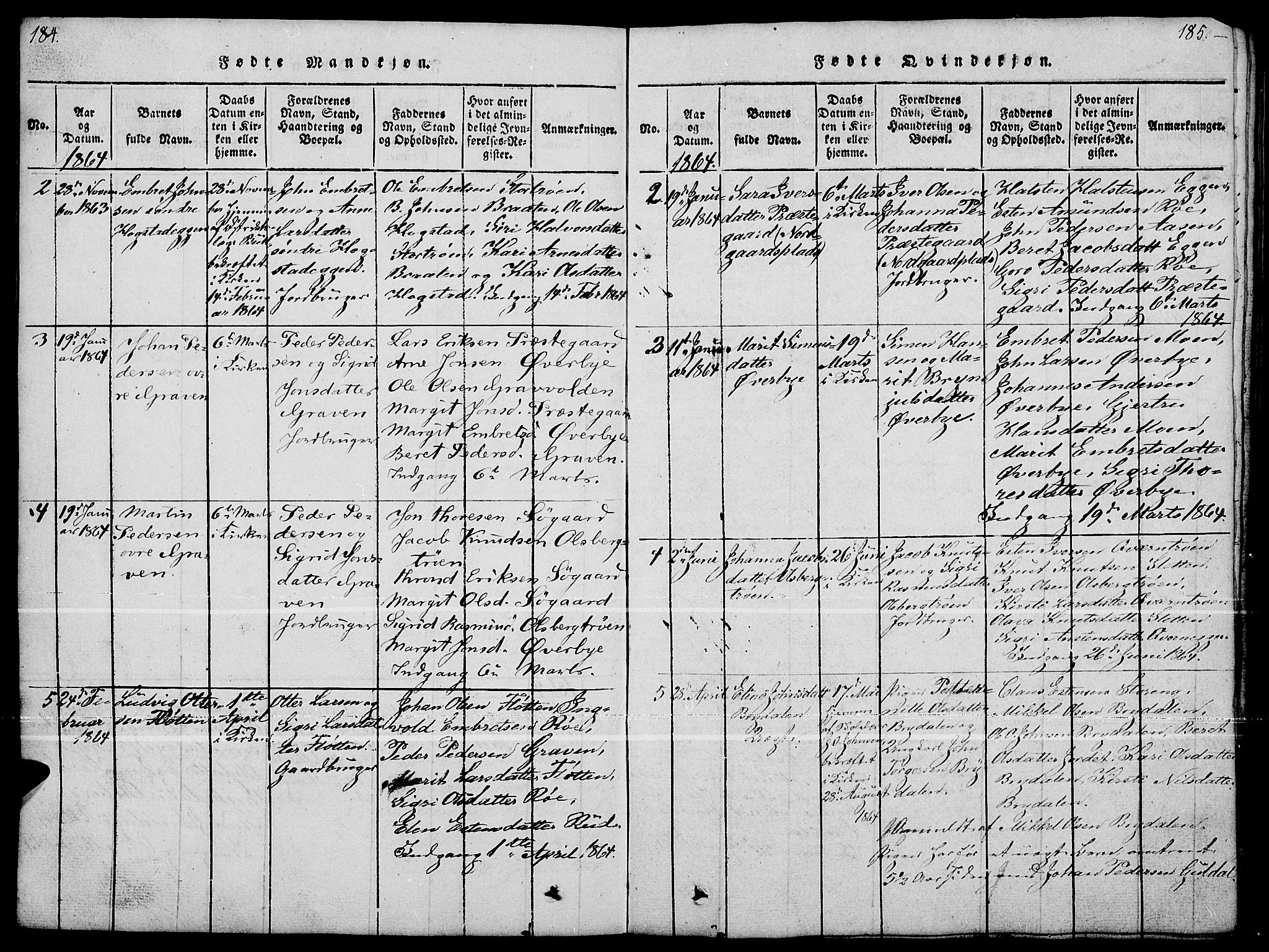 Tynset prestekontor, SAH/PREST-058/H/Ha/Hab/L0004: Parish register (copy) no. 4, 1814-1879, p. 184-185