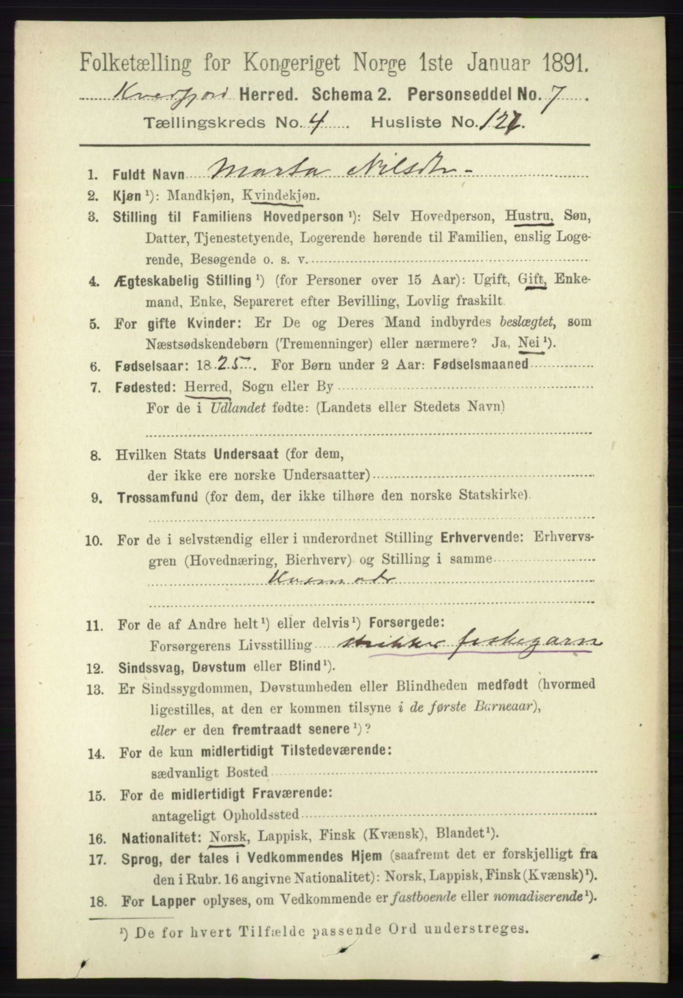 RA, 1891 census for 1911 Kvæfjord, 1891, p. 2700