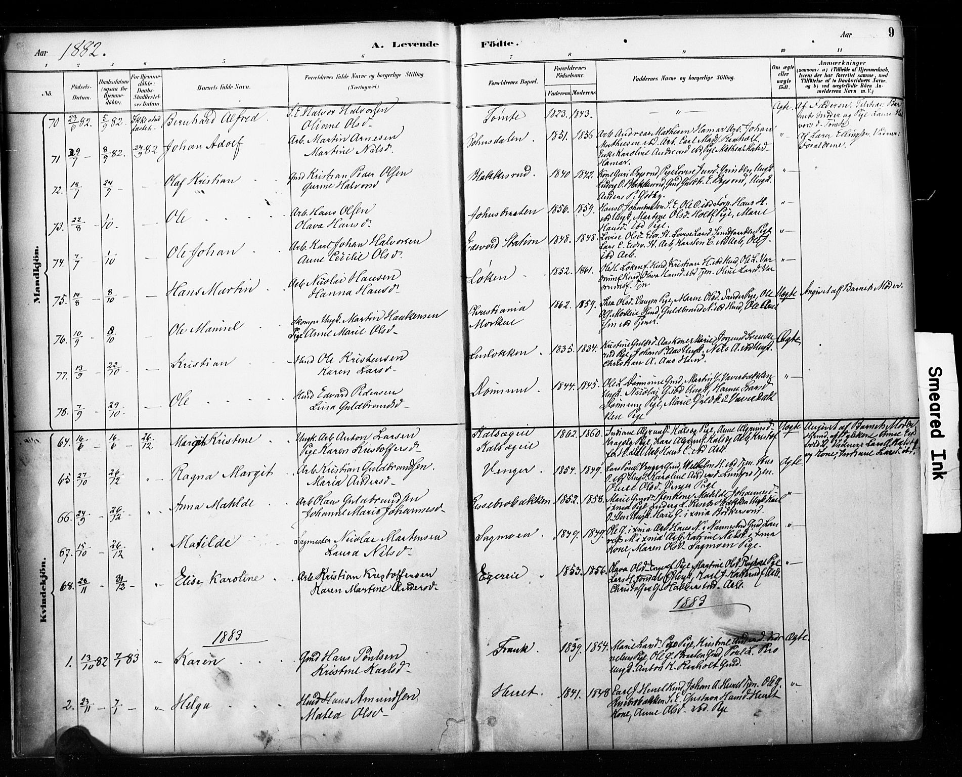 Eidsvoll prestekontor Kirkebøker, AV/SAO-A-10888/F/Fa/L0002: Parish register (official) no. I 2, 1882-1895, p. 9