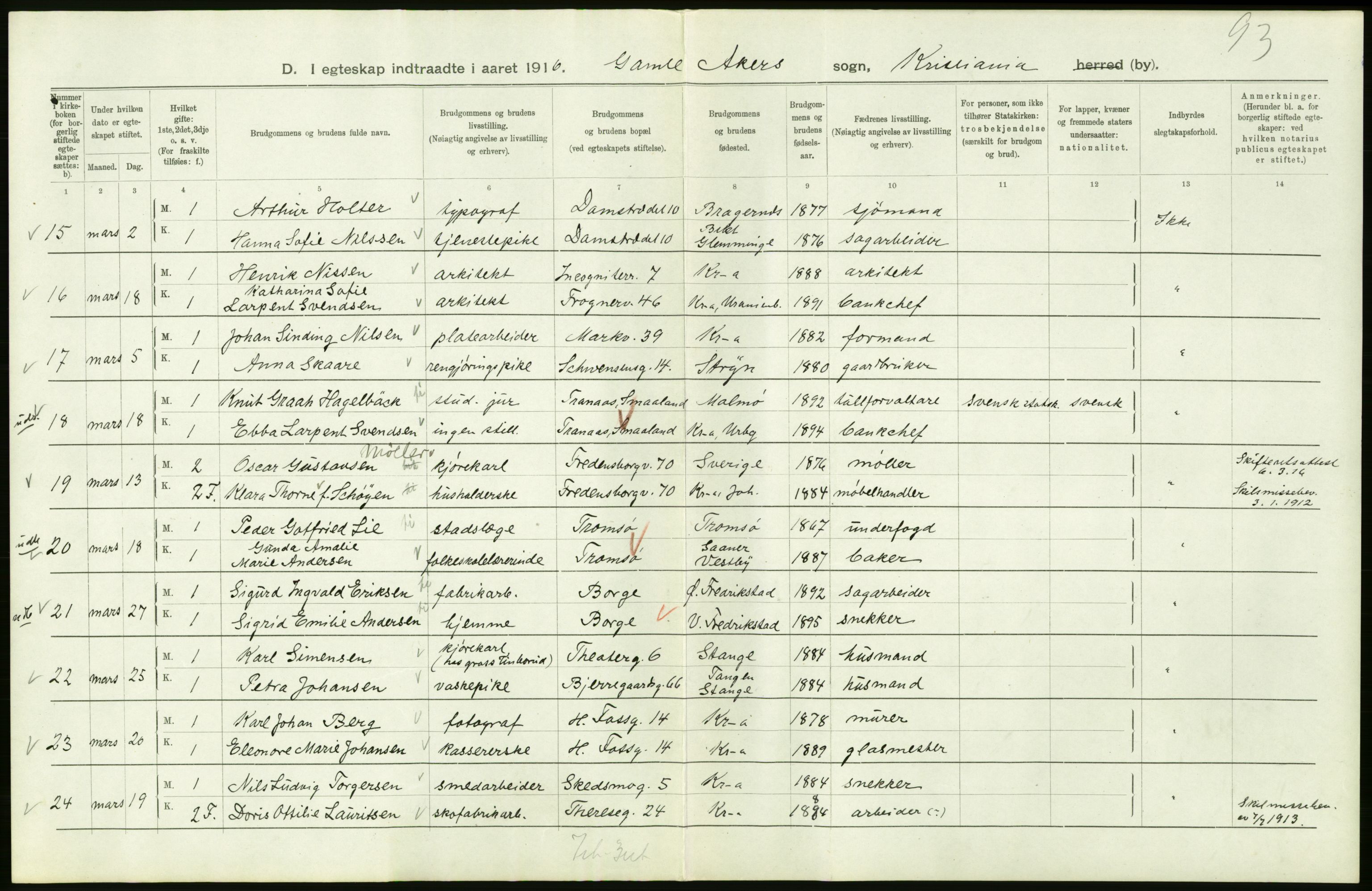 Statistisk sentralbyrå, Sosiodemografiske emner, Befolkning, RA/S-2228/D/Df/Dfb/Dfbf/L0008: Kristiania: Gifte, 1916, p. 134