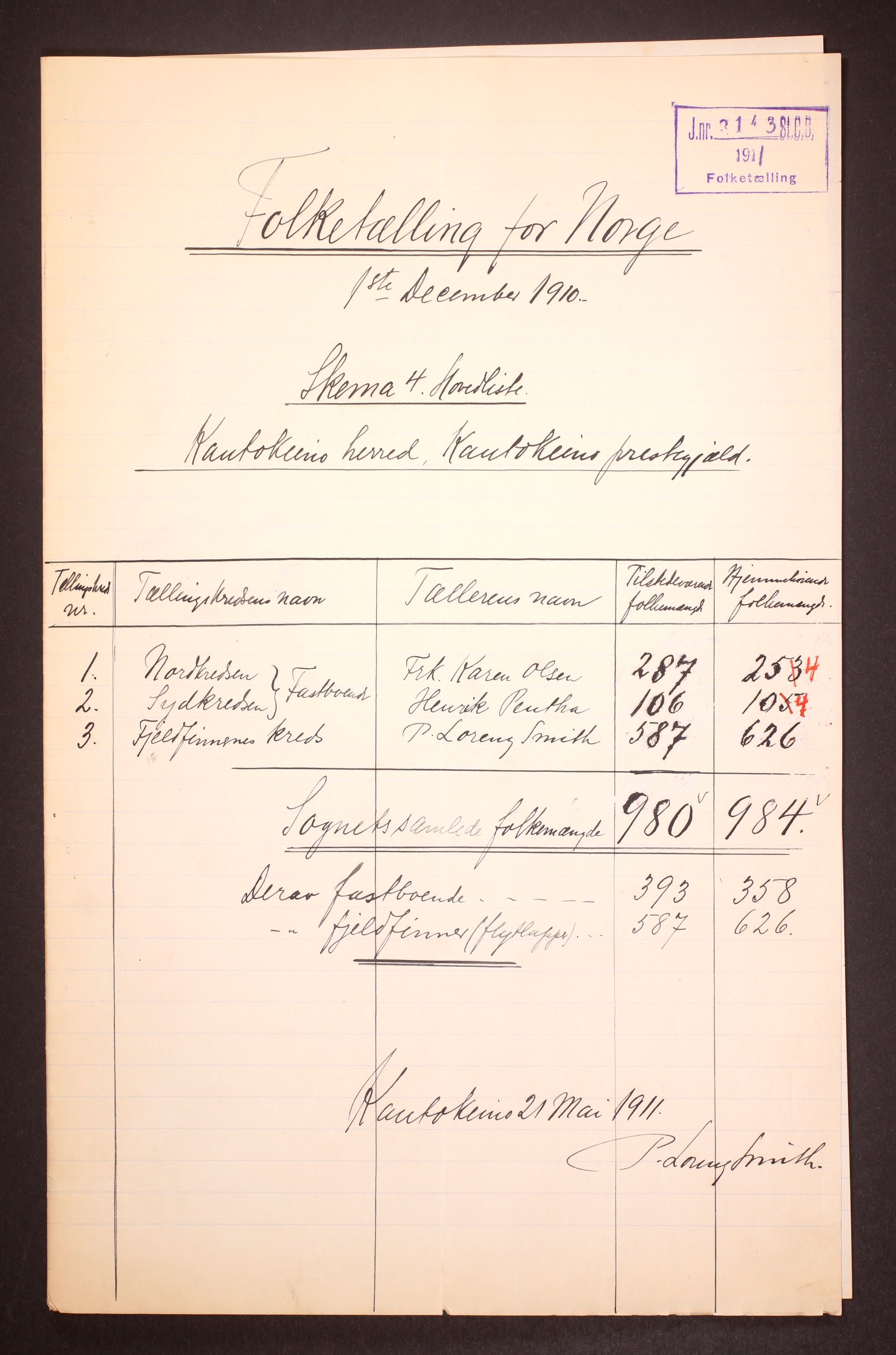 RA, 1910 census for Kautokeino, 1910, p. 2