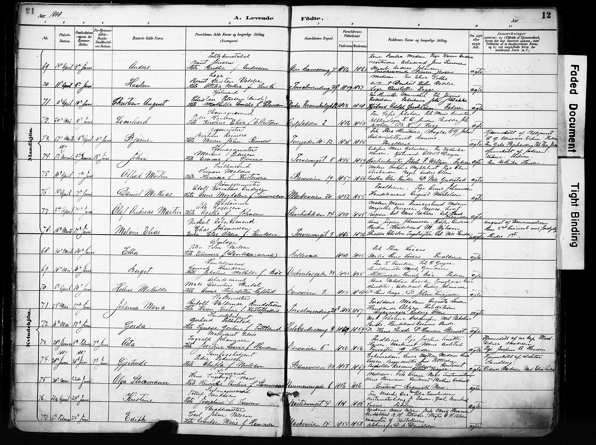 Domkirken sokneprestembete, SAB/A-74801/H/Haa/L0024: Parish register (official) no. B 7, 1888-1903, p. 12