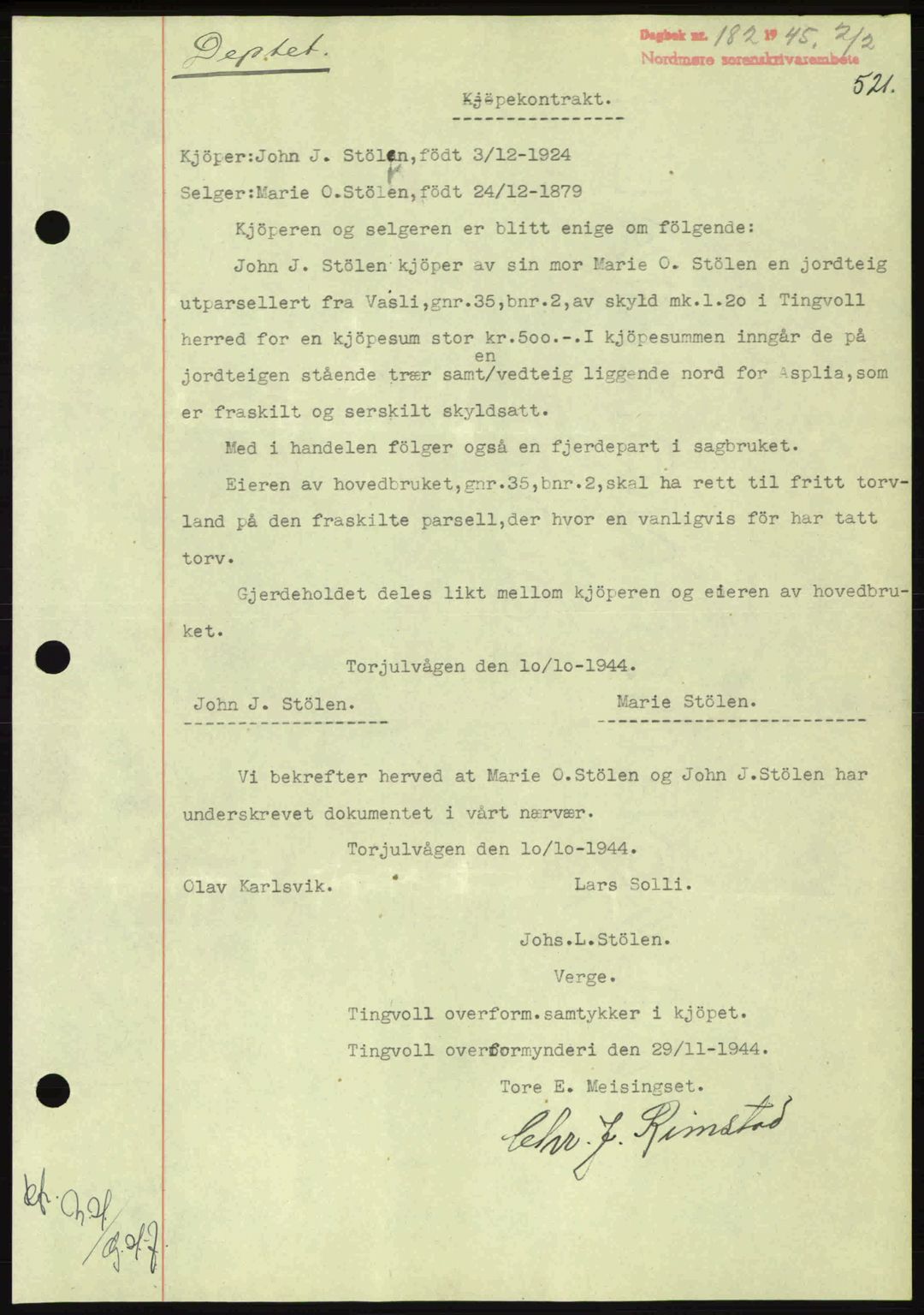 Nordmøre sorenskriveri, AV/SAT-A-4132/1/2/2Ca: Mortgage book no. B92, 1944-1945, Diary no: : 182/1945