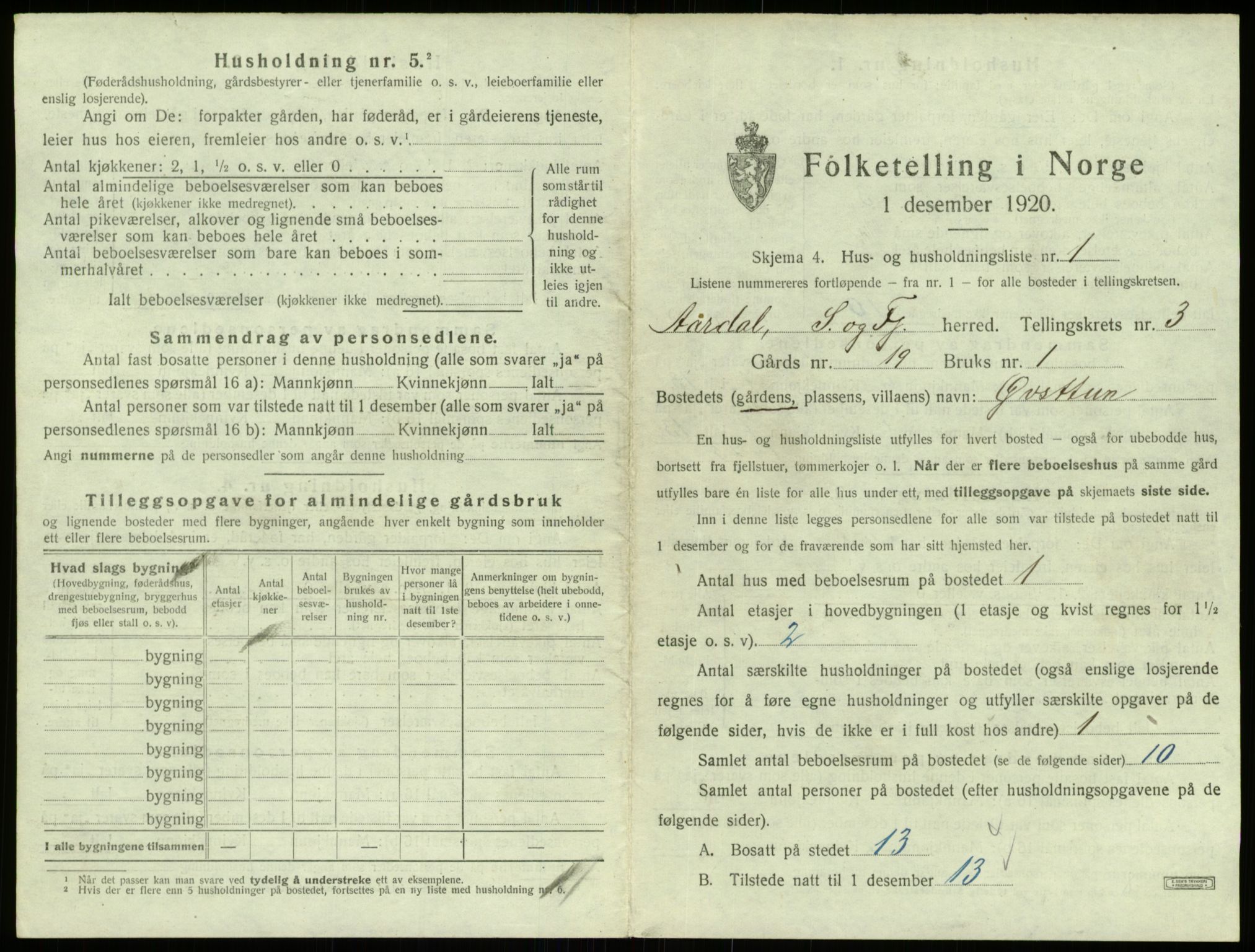SAB, 1920 census for Årdal, 1920, p. 198