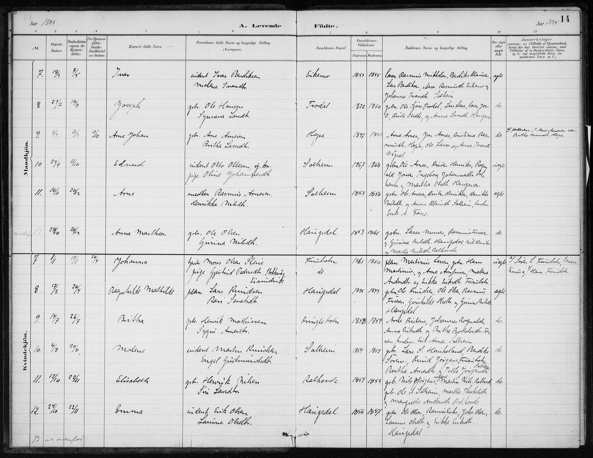 Masfjorden Sokneprestembete, AV/SAB-A-77001: Parish register (official) no. C  1, 1882-1896, p. 14