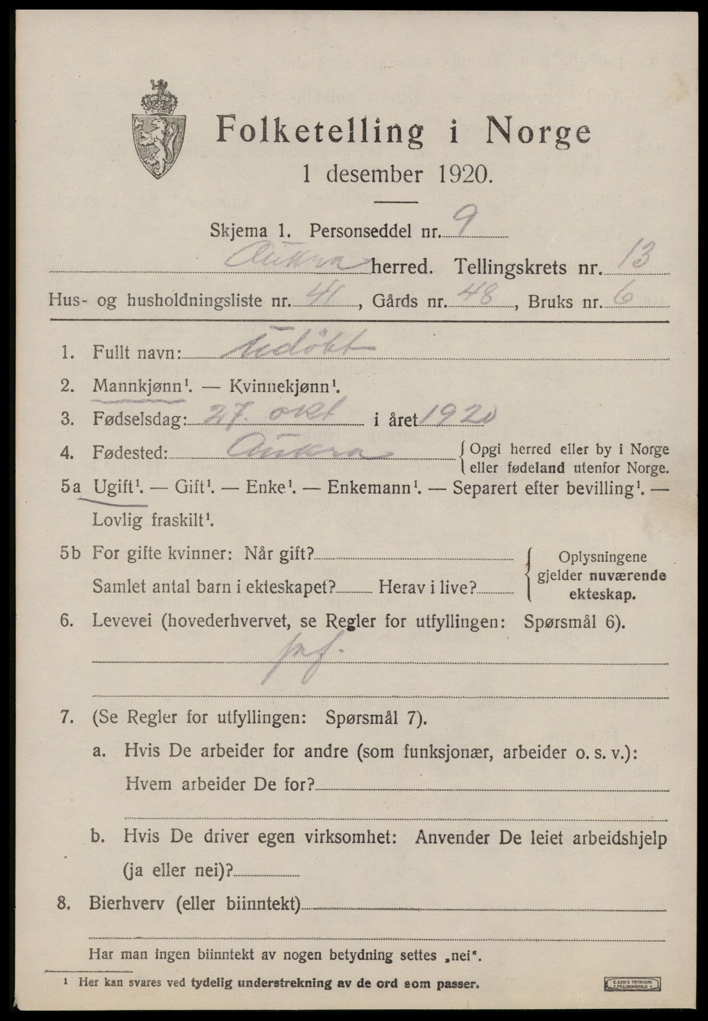 SAT, 1920 census for Aukra, 1920, p. 6165