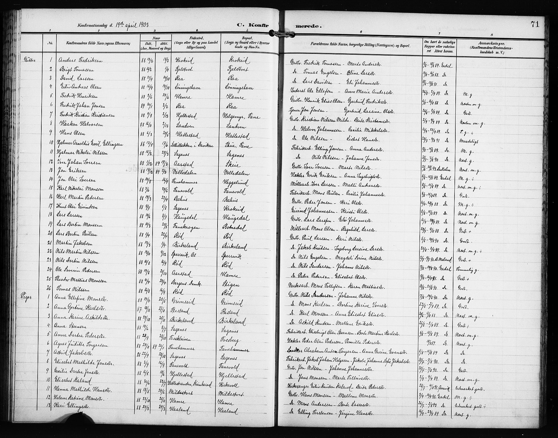 Fana Sokneprestembete, AV/SAB-A-75101/H/Hab/Haba/L0004: Parish register (copy) no. A 4, 1902-1912, p. 71