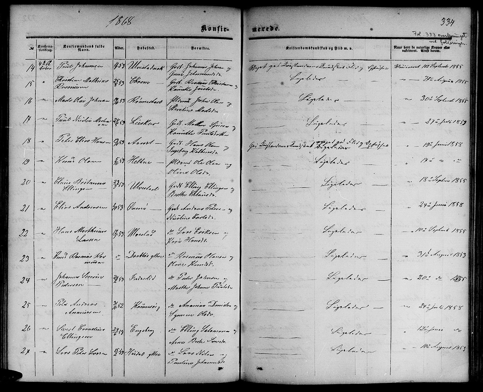 Ministerialprotokoller, klokkerbøker og fødselsregistre - Møre og Romsdal, AV/SAT-A-1454/511/L0157: Parish register (copy) no. 511C03, 1864-1884, p. 334