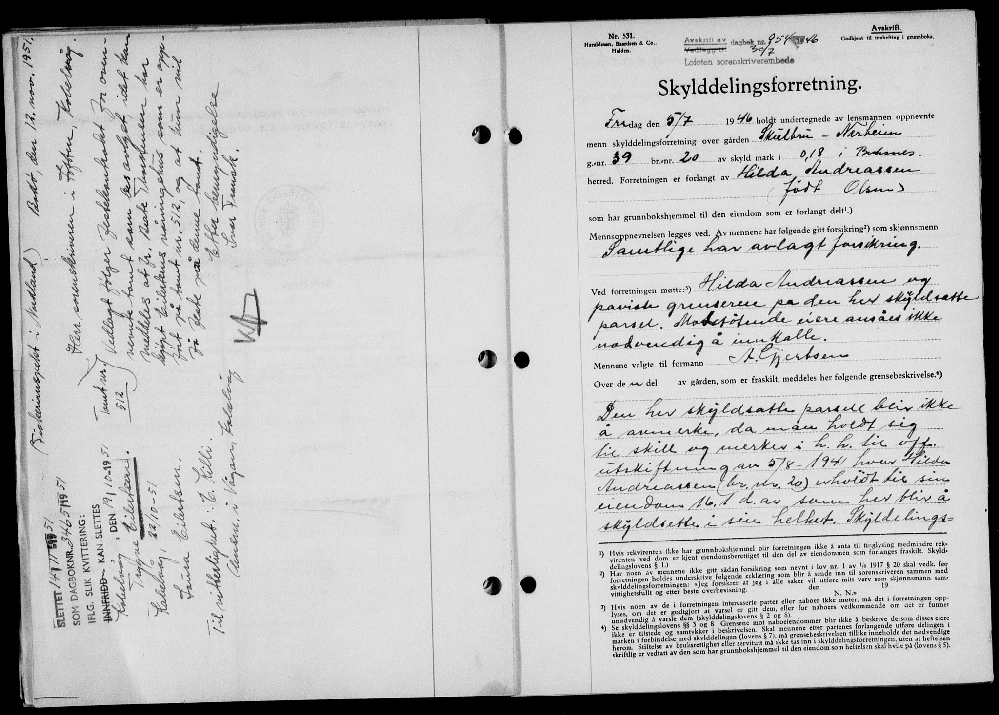 Lofoten sorenskriveri, SAT/A-0017/1/2/2C/L0014a: Mortgage book no. 14a, 1946-1946, Diary no: : 954/1946