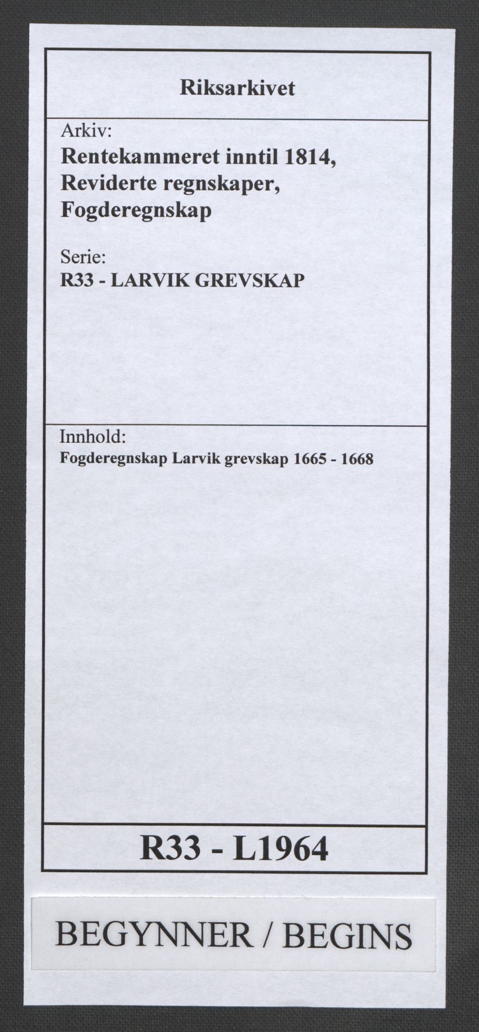 Rentekammeret inntil 1814, Reviderte regnskaper, Fogderegnskap, RA/EA-4092/R33/L1964: Fogderegnskap Larvik grevskap, 1665-1668, p. 1