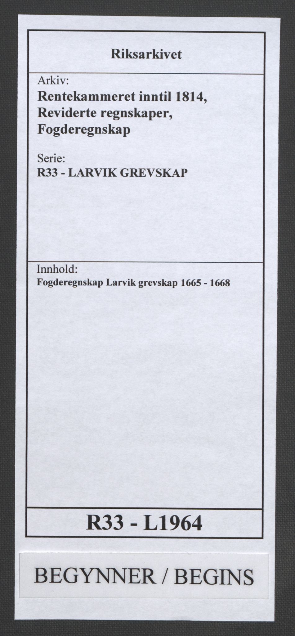 Rentekammeret inntil 1814, Reviderte regnskaper, Fogderegnskap, AV/RA-EA-4092/R33/L1964: Fogderegnskap Larvik grevskap, 1665-1668, p. 1