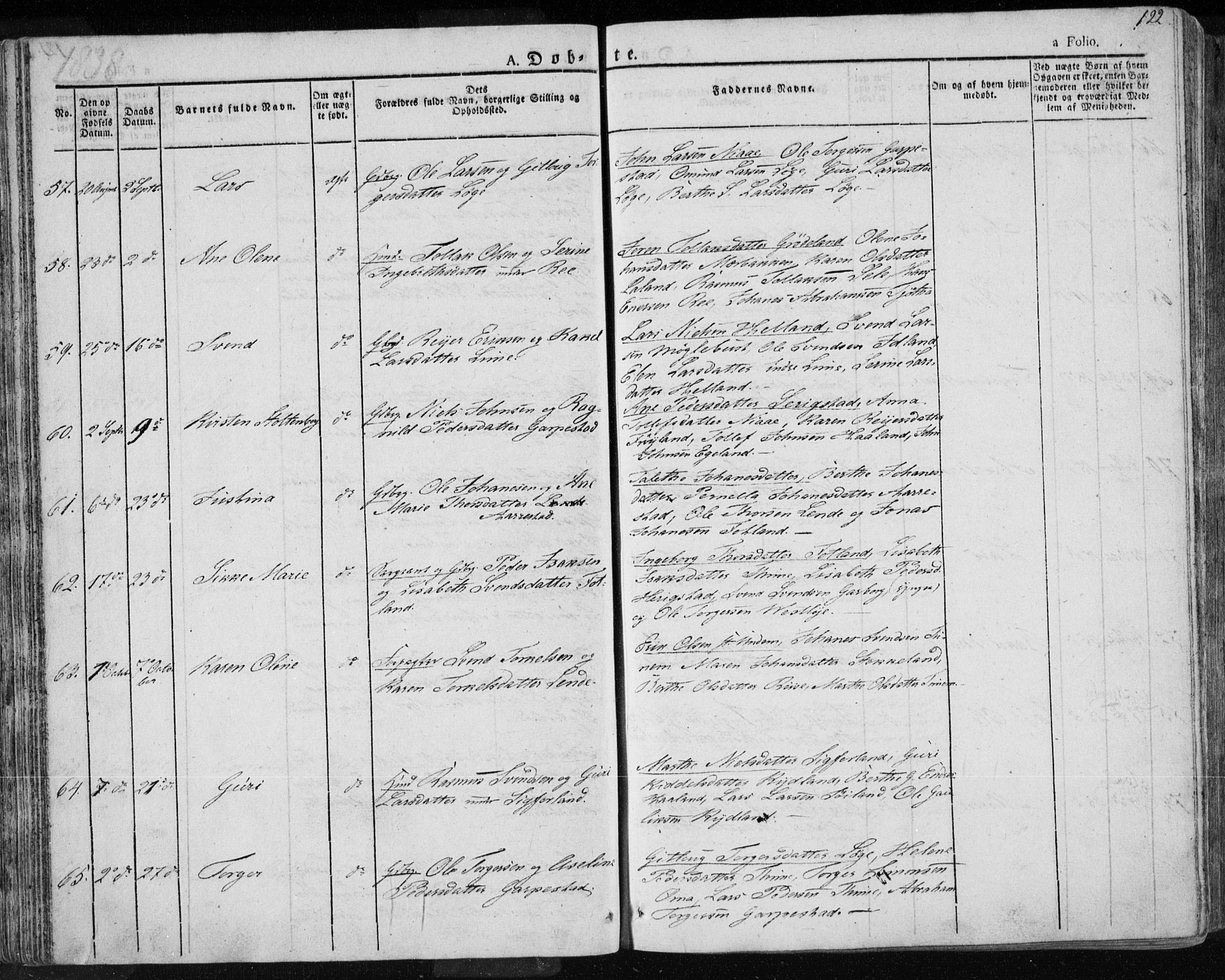 Lye sokneprestkontor, AV/SAST-A-101794/001/30BA/L0004: Parish register (official) no. A 4, 1826-1841, p. 122