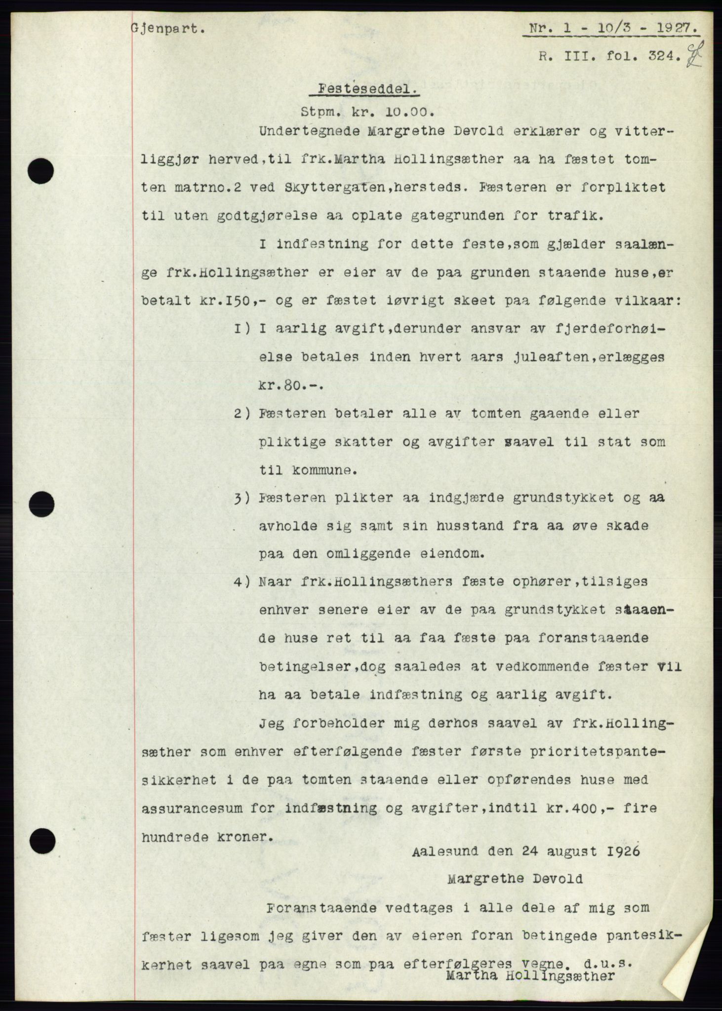 Ålesund byfogd, AV/SAT-A-4384: Mortgage book no. 21, 1926-1927, Deed date: 10.03.1927