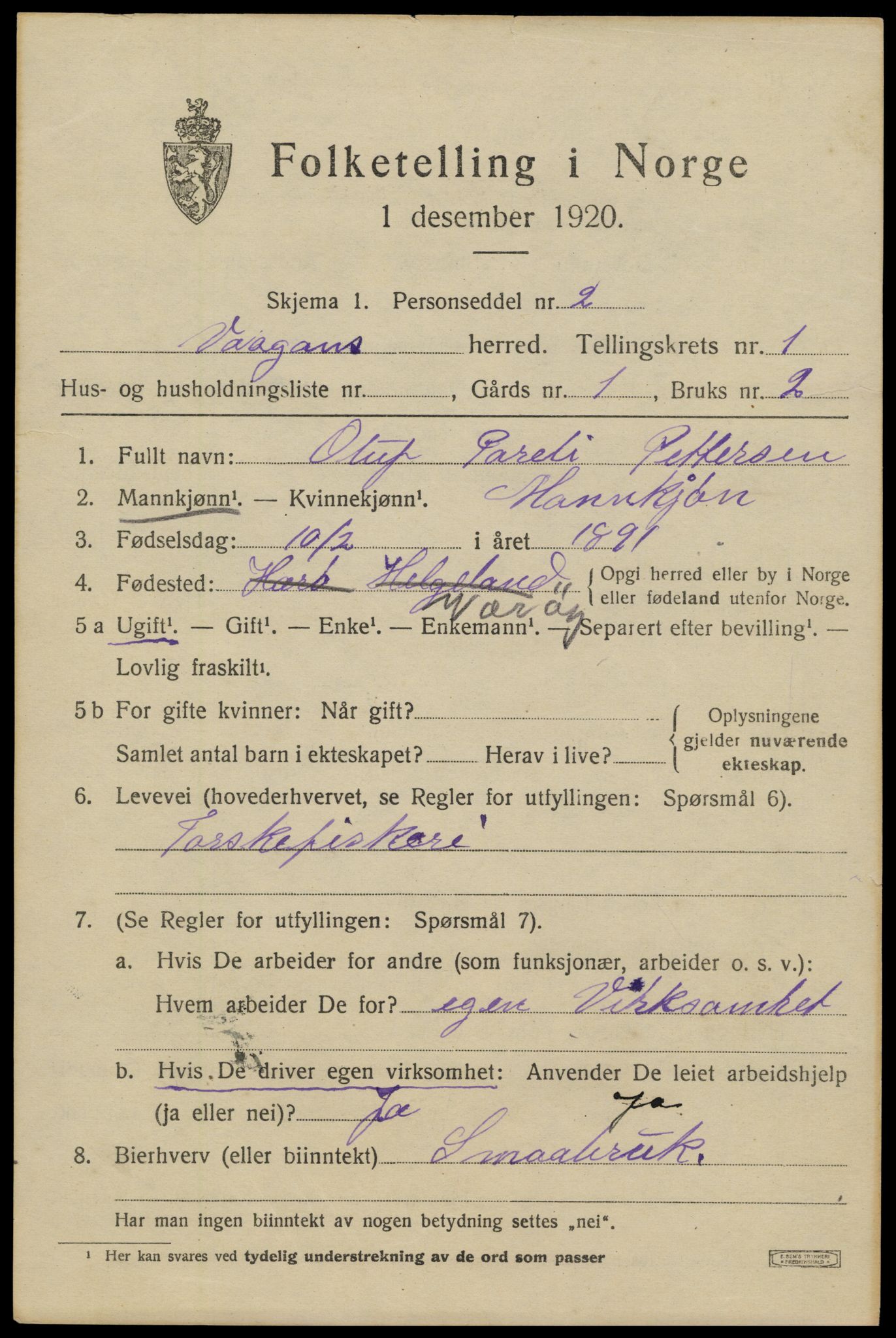 SAT, 1920 census for Vågan, 1920, p. 1451