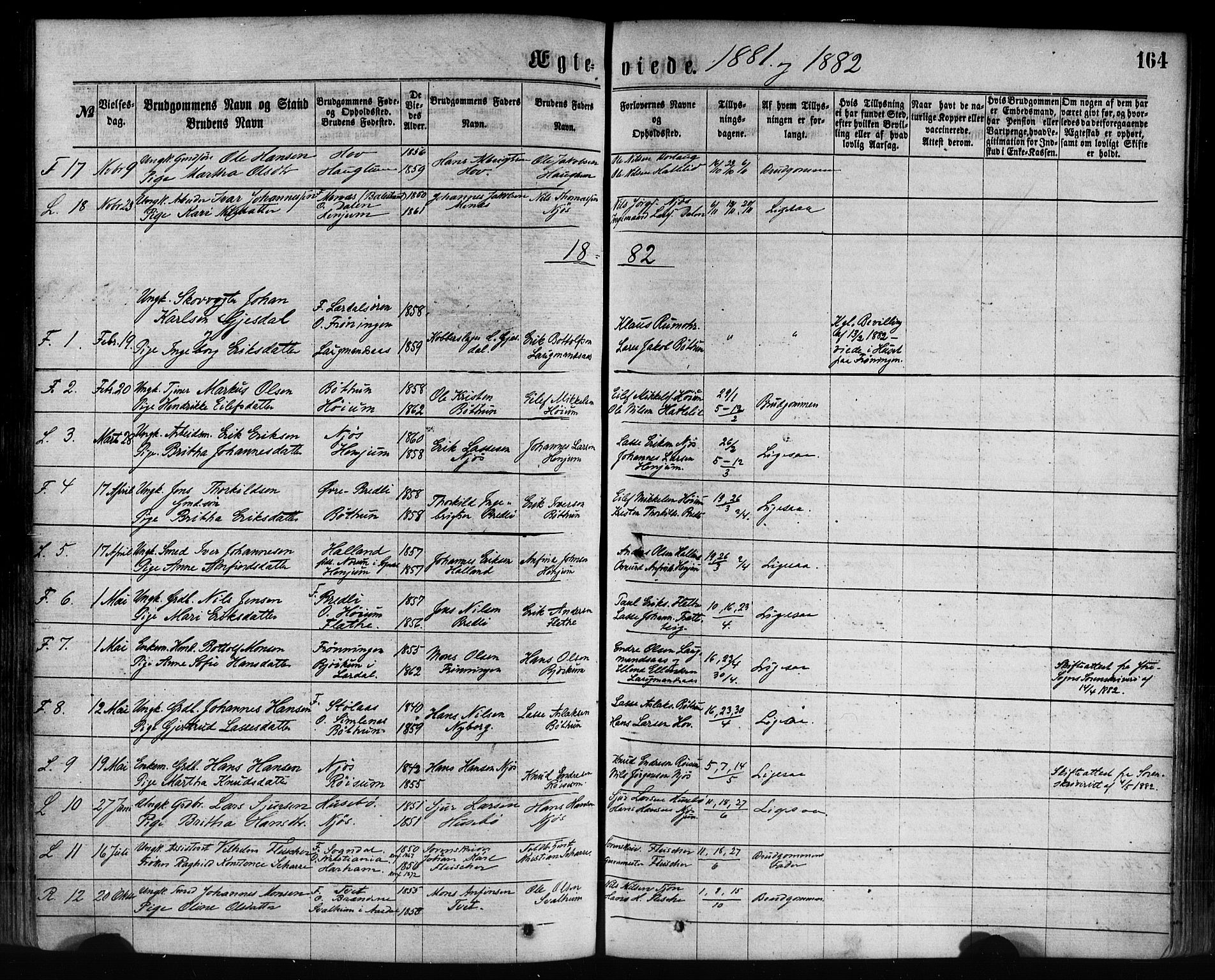 Leikanger sokneprestembete, AV/SAB-A-81001/H/Haa/Haaa/L0009: Parish register (official) no. A 9, 1869-1888, p. 164