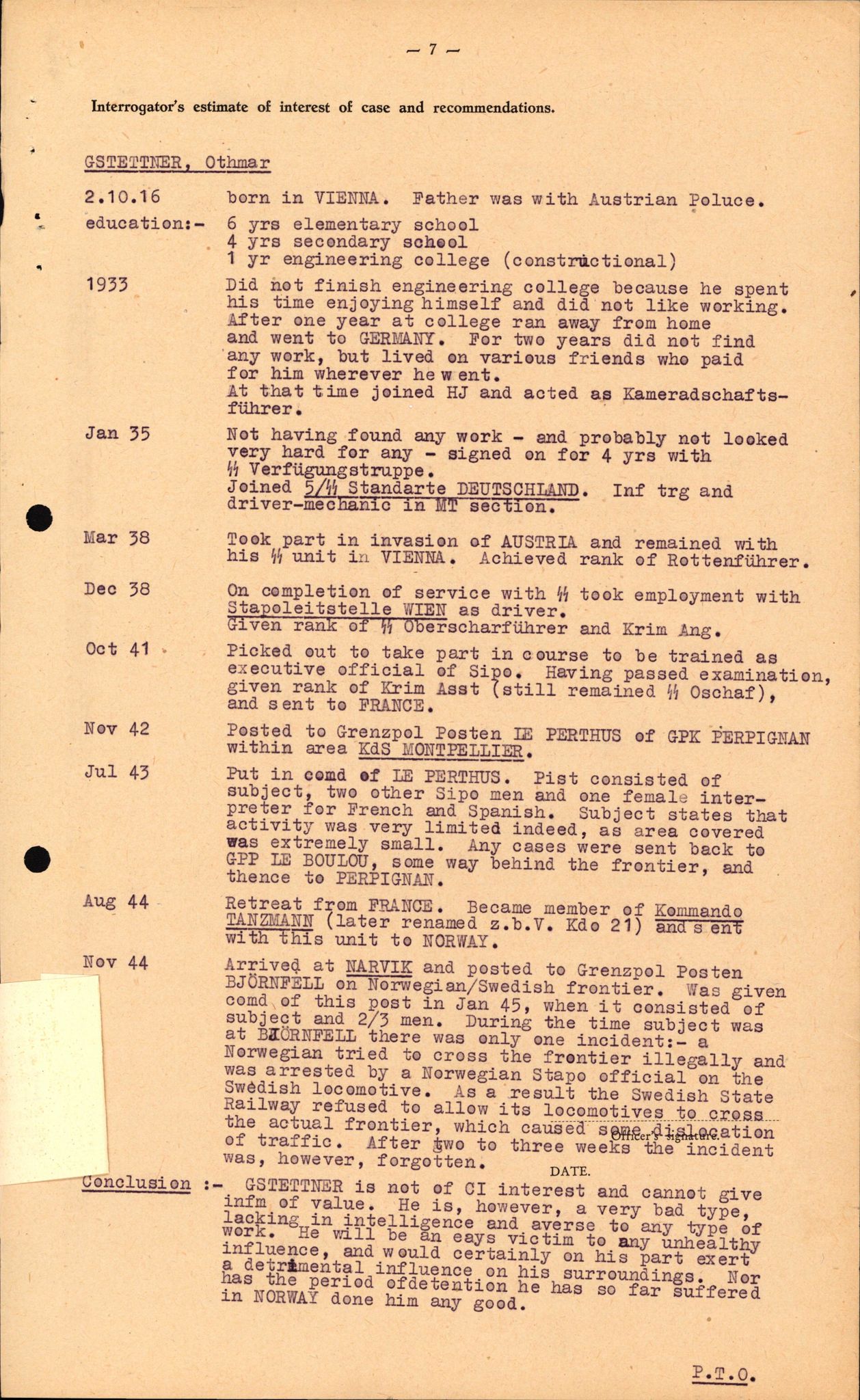 Forsvaret, Forsvarets overkommando II, RA/RAFA-3915/D/Db/L0038: CI Questionaires. Tyske okkupasjonsstyrker i Norge. Østerrikere., 1945-1946, p. 396