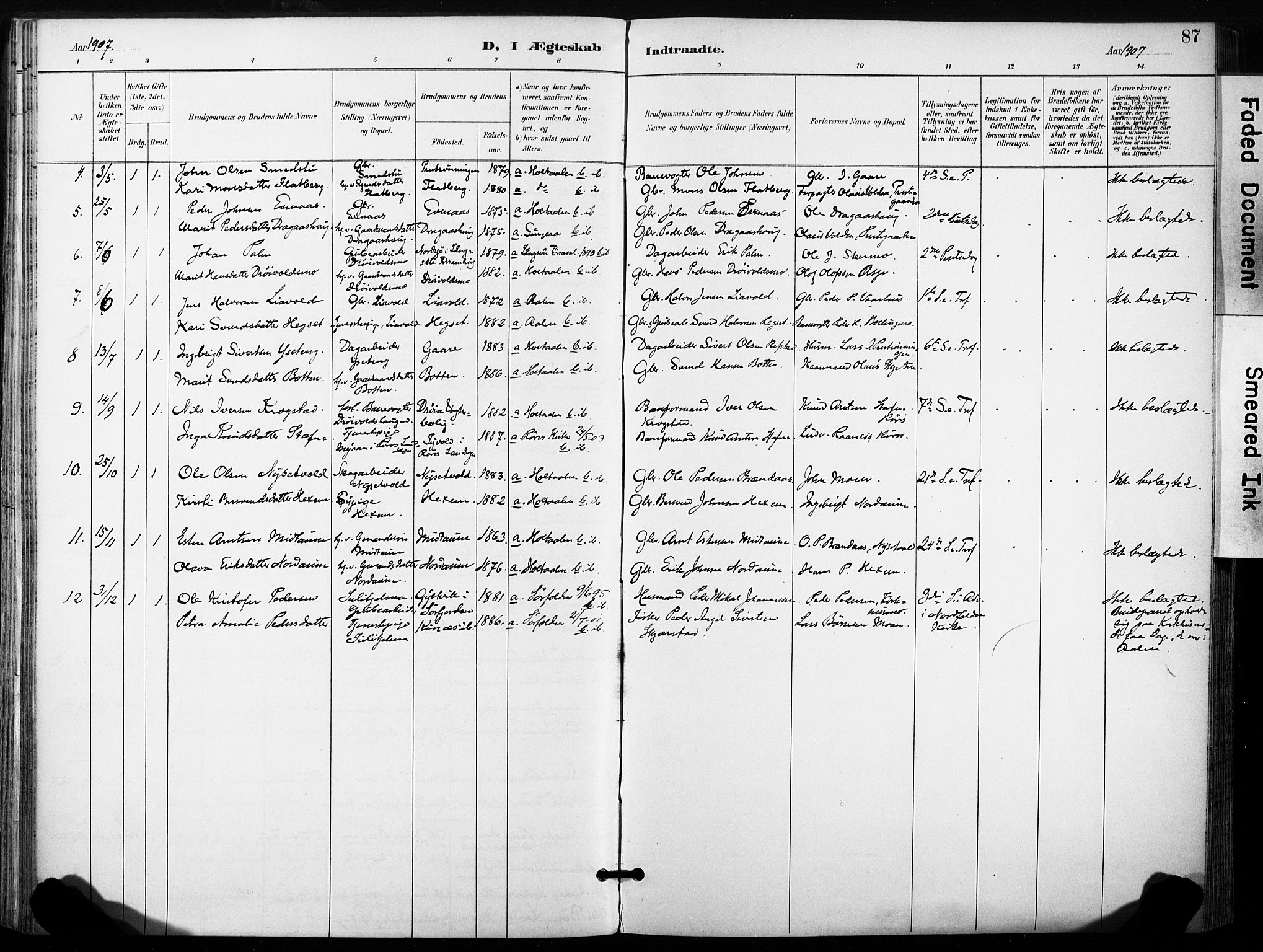 Ministerialprotokoller, klokkerbøker og fødselsregistre - Sør-Trøndelag, SAT/A-1456/685/L0973: Parish register (official) no. 685A10, 1891-1907, p. 87