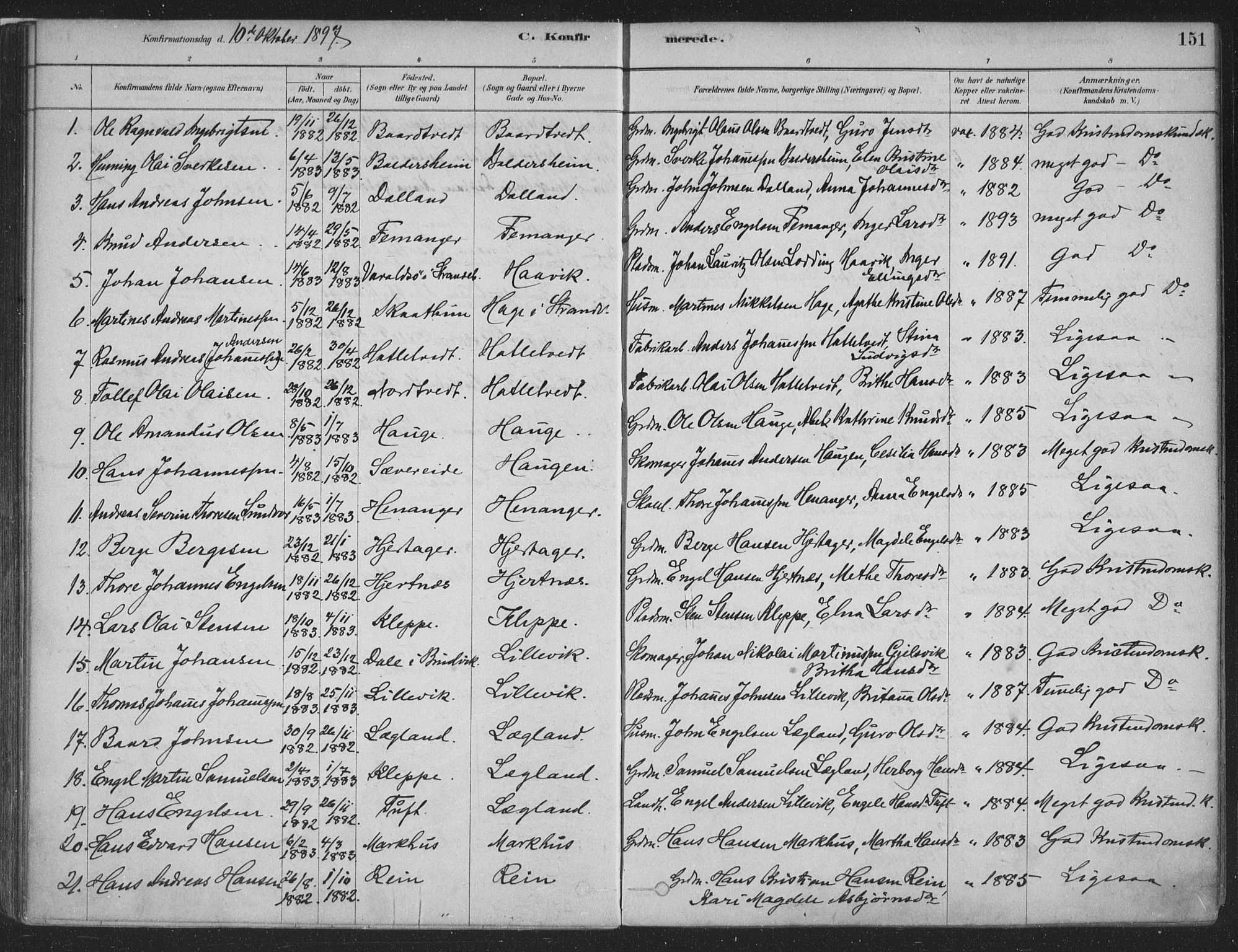 Fusa sokneprestembete, SAB/A-75401/H/Haa: Parish register (official) no. D 1, 1880-1938, p. 151