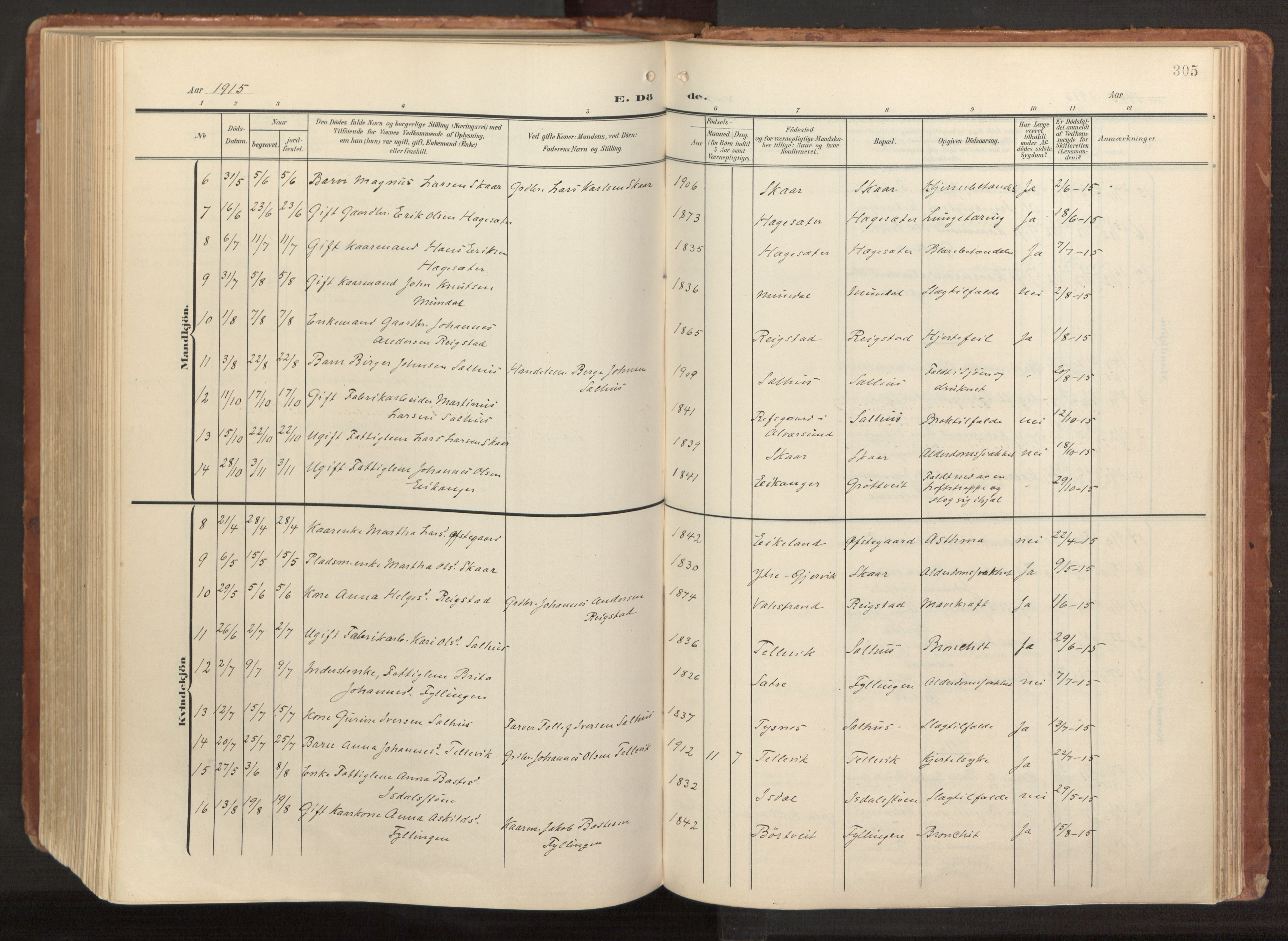 Hamre sokneprestembete, AV/SAB-A-75501/H/Ha/Haa/Haab/L0002: Parish register (official) no. B 2, 1905-1924, p. 305