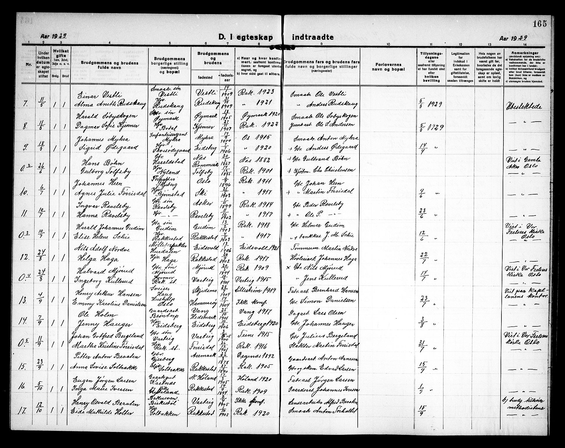 Rakkestad prestekontor Kirkebøker, AV/SAO-A-2008/G/Ga/L0002: Parish register (copy) no. I 2, 1918-1931, p. 165