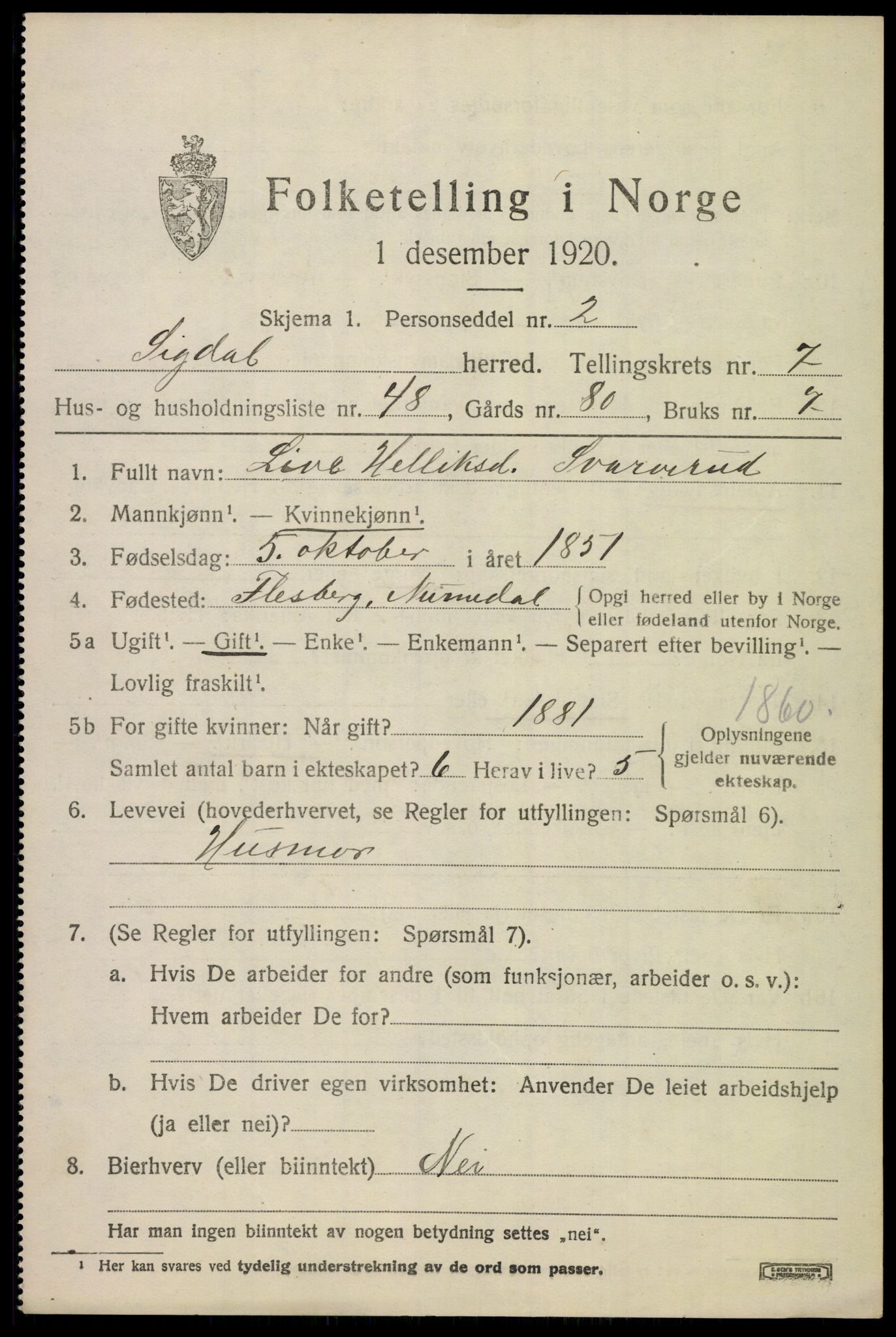 SAKO, 1920 census for Sigdal, 1920, p. 5988