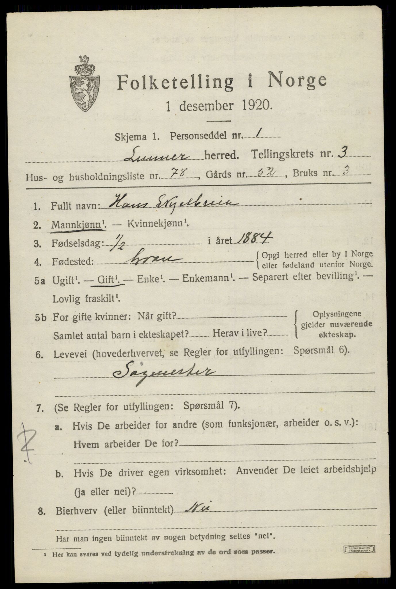 SAH, 1920 census for Lunner, 1920, p. 5353