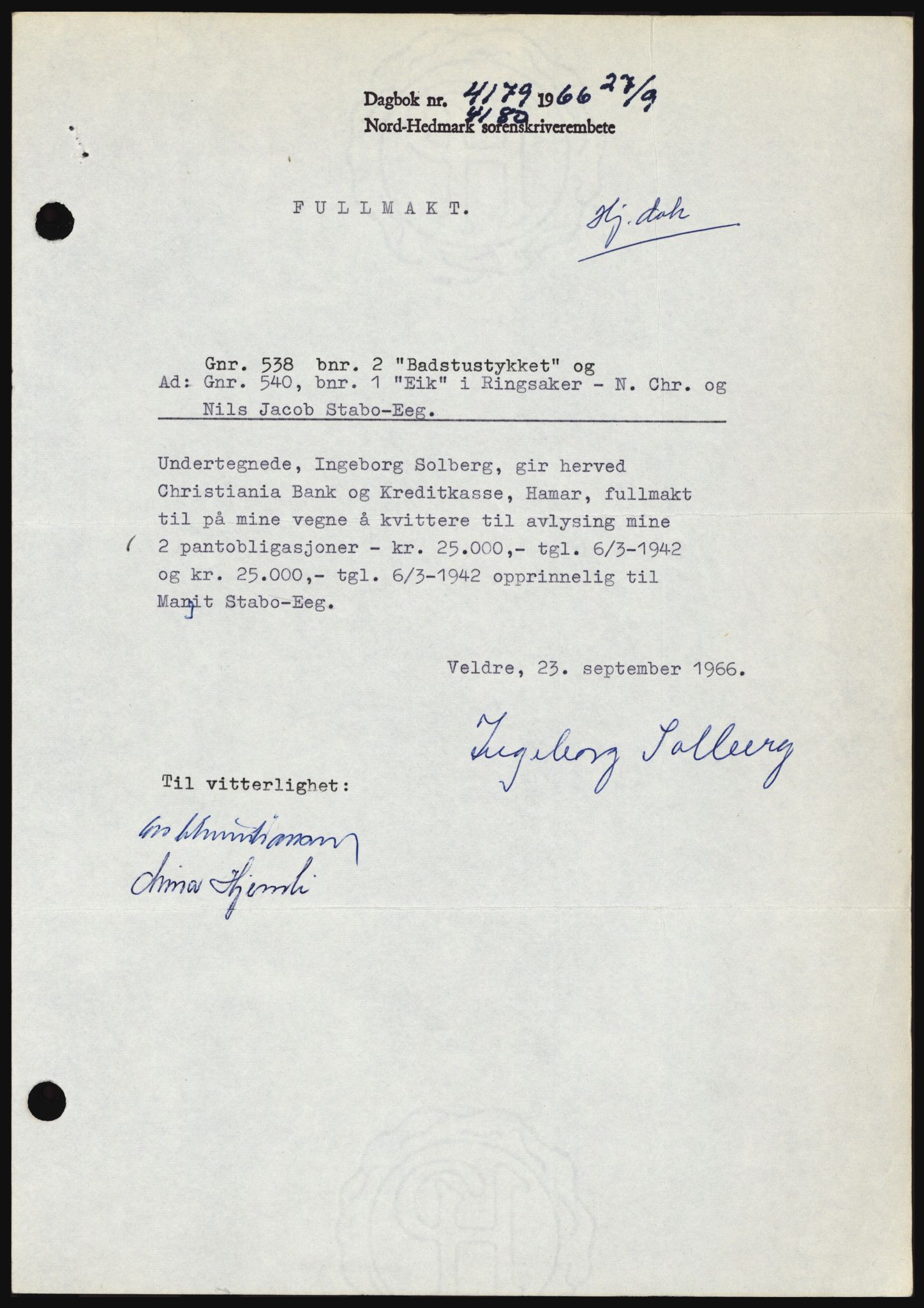 Nord-Hedmark sorenskriveri, SAH/TING-012/H/Hc/L0024: Mortgage book no. 24, 1966-1966, Diary no: : 4179/1966