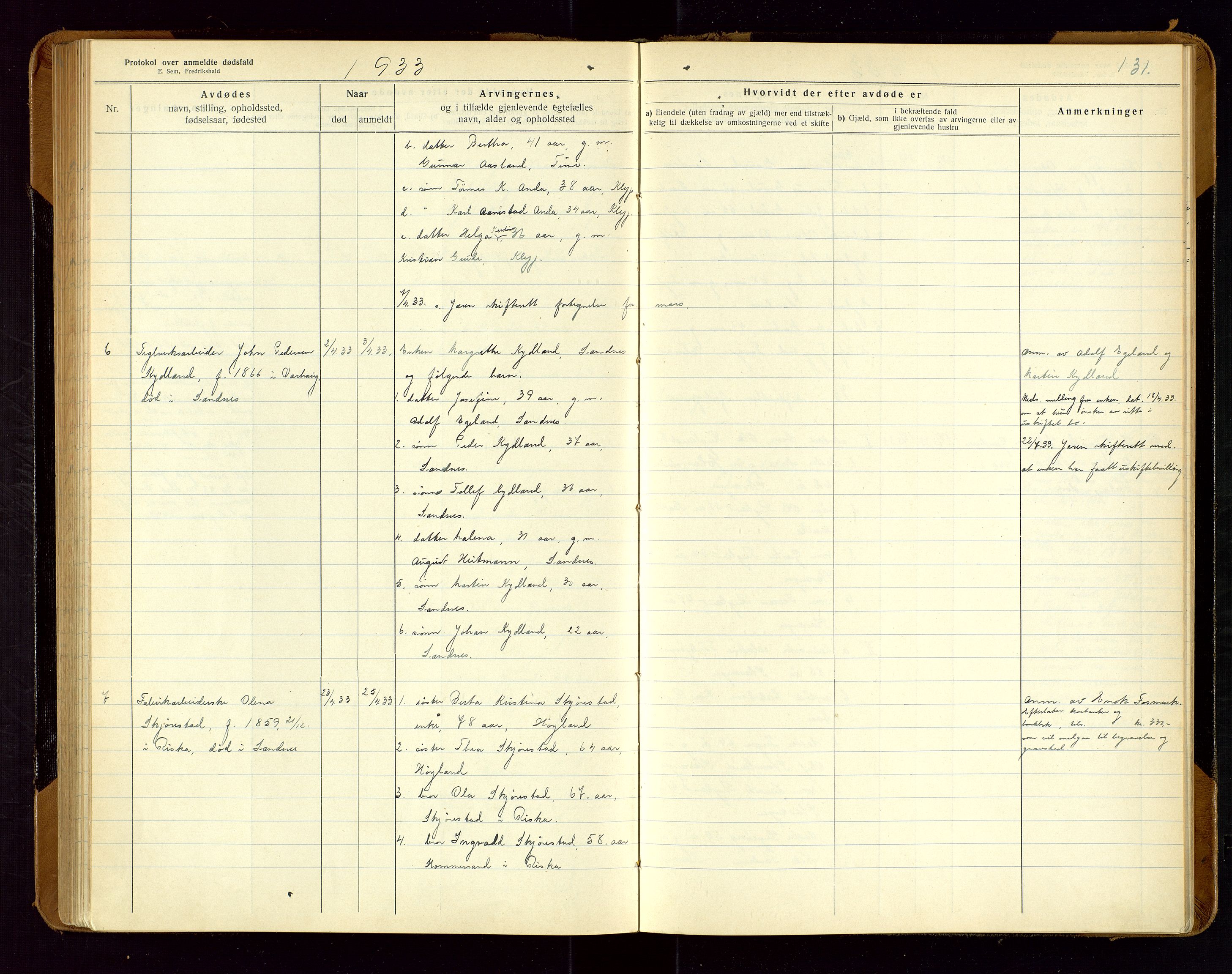 Sandnes lensmannskontor, AV/SAST-A-100167/Gga/L0001: "Protokol over anmeldte dødsfald" m/register, 1918-1940, p. 131