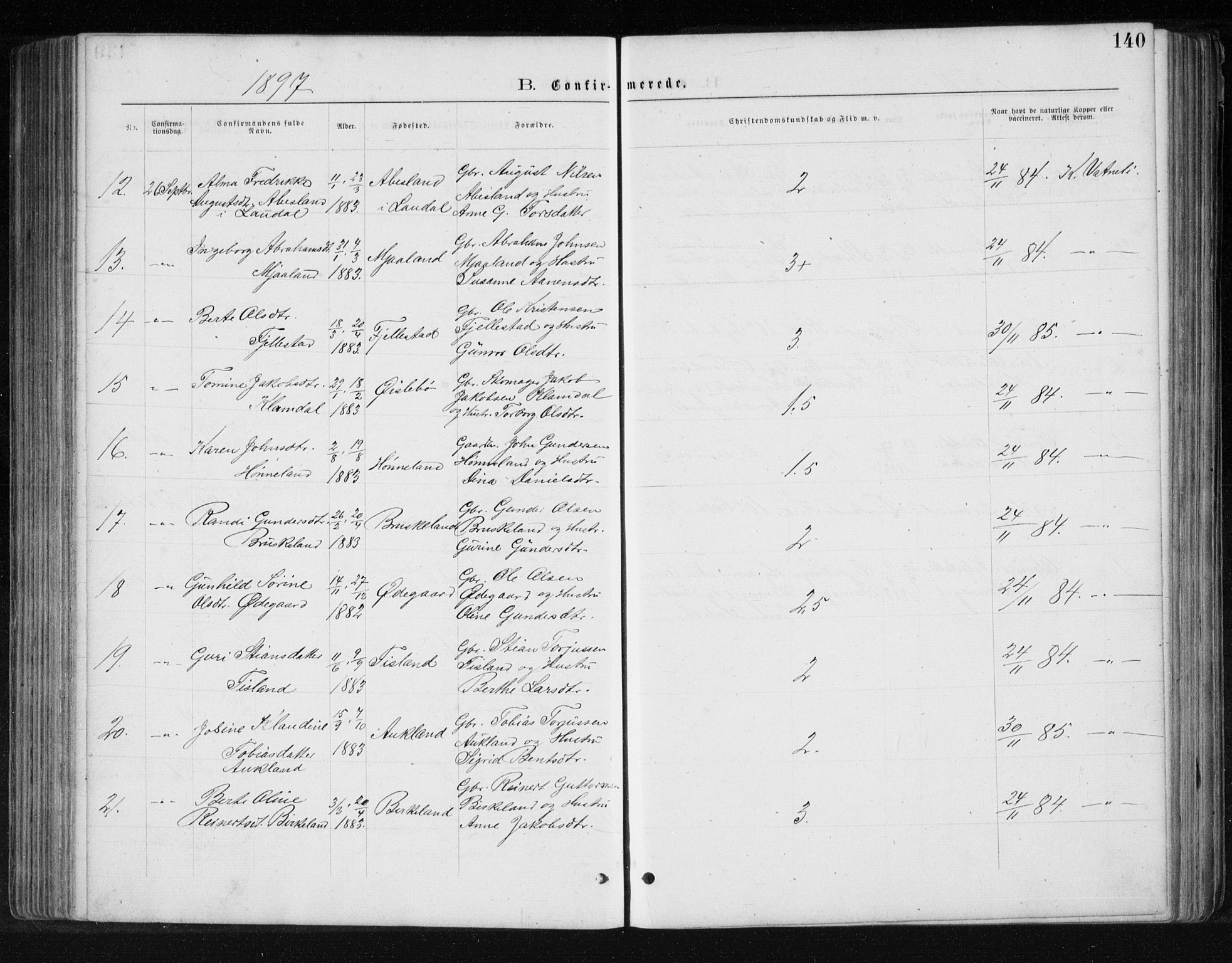 Holum sokneprestkontor, AV/SAK-1111-0022/F/Fb/Fbb/L0003: Parish register (copy) no. B 3, 1875-1898, p. 140