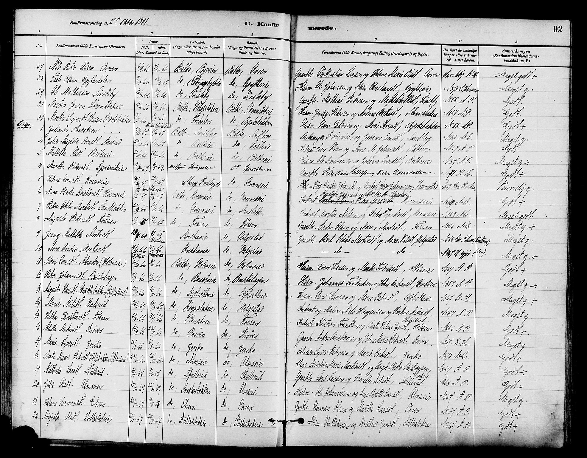 Østre Toten prestekontor, AV/SAH-PREST-104/H/Ha/Haa/L0007: Parish register (official) no. 7, 1881-1896, p. 92