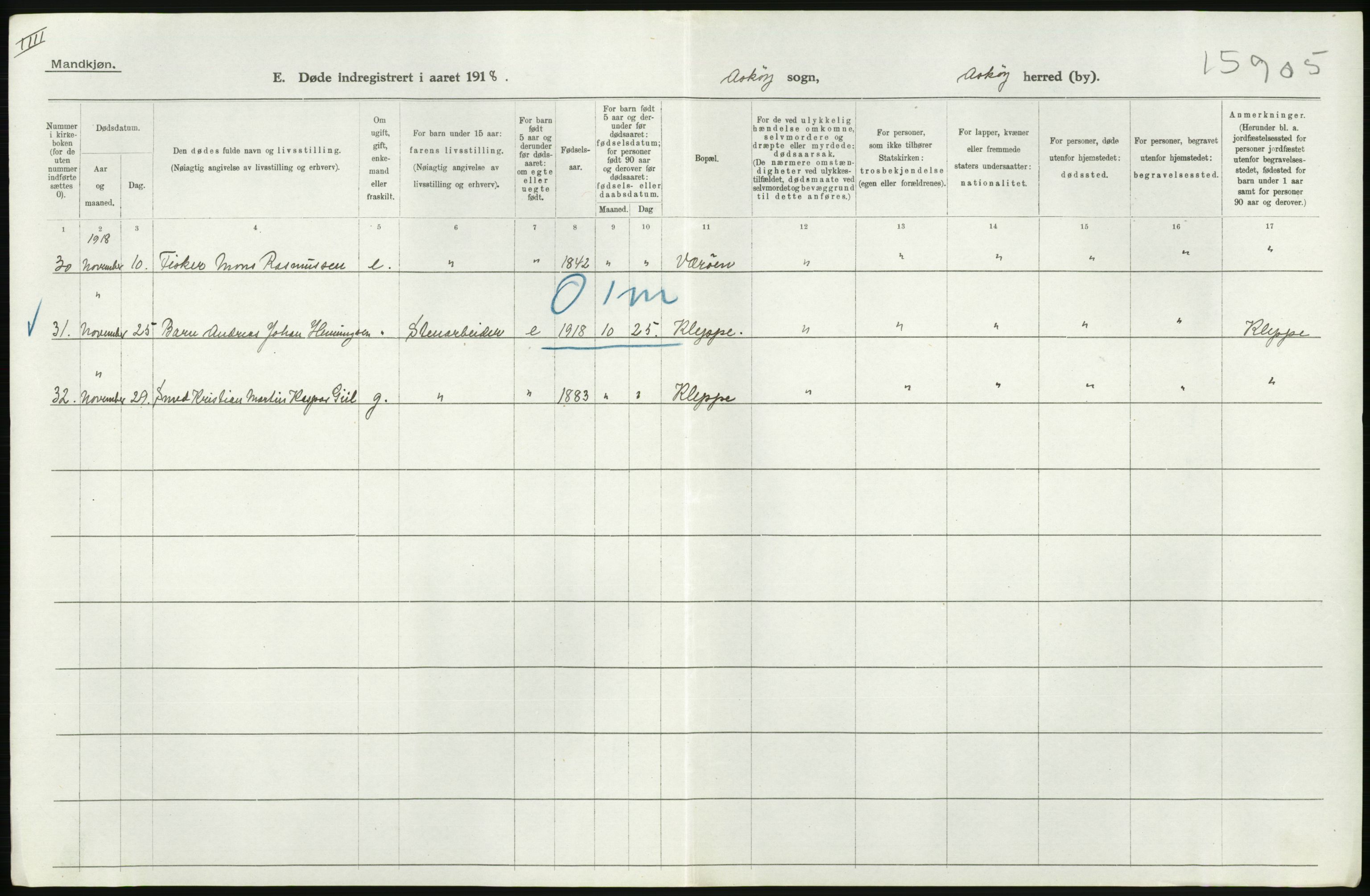 Statistisk sentralbyrå, Sosiodemografiske emner, Befolkning, AV/RA-S-2228/D/Df/Dfb/Dfbh/L0036: Hordaland fylke: Døde., 1918, p. 186