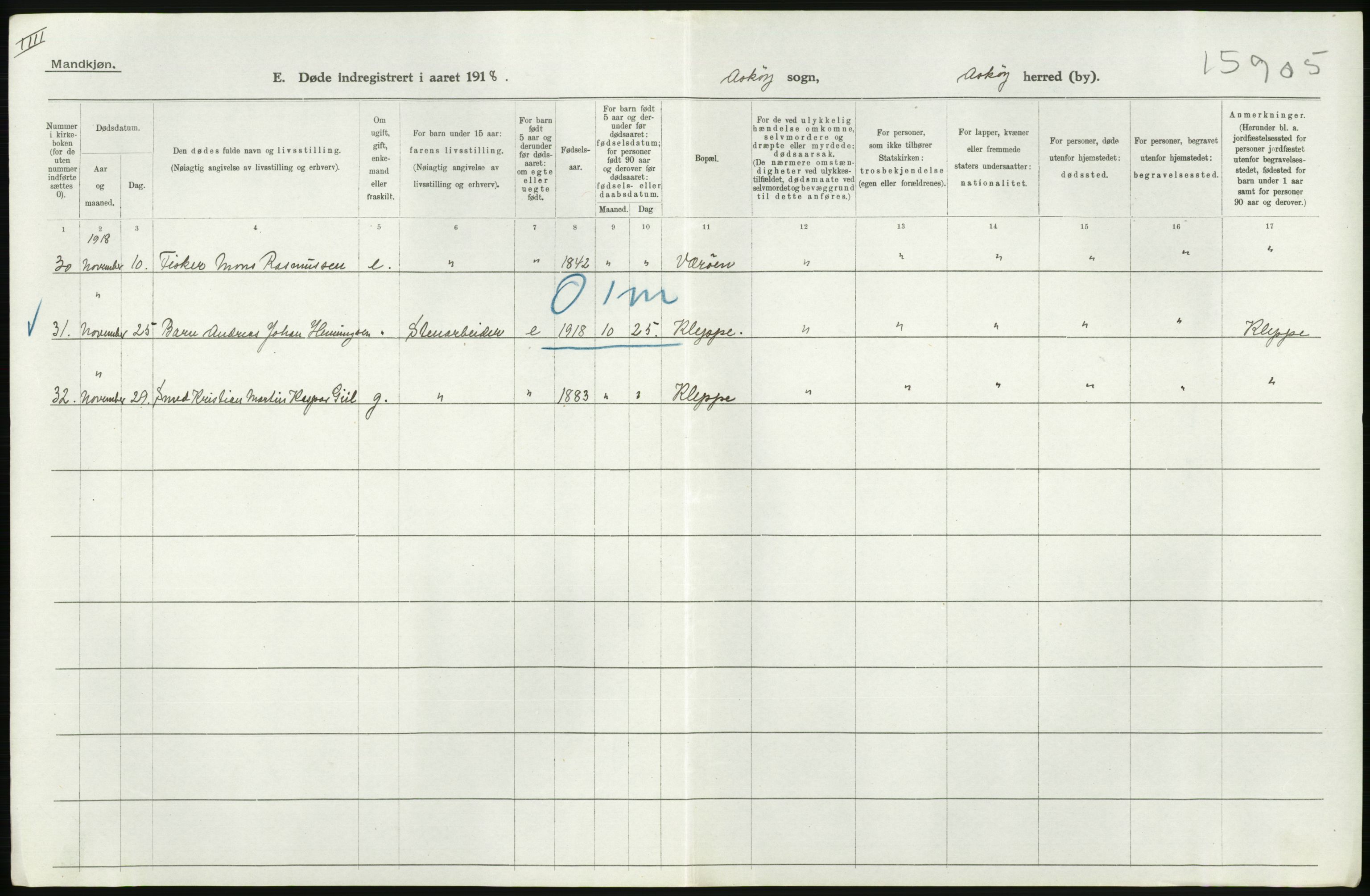 Statistisk sentralbyrå, Sosiodemografiske emner, Befolkning, RA/S-2228/D/Df/Dfb/Dfbh/L0036: Hordaland fylke: Døde., 1918, p. 186