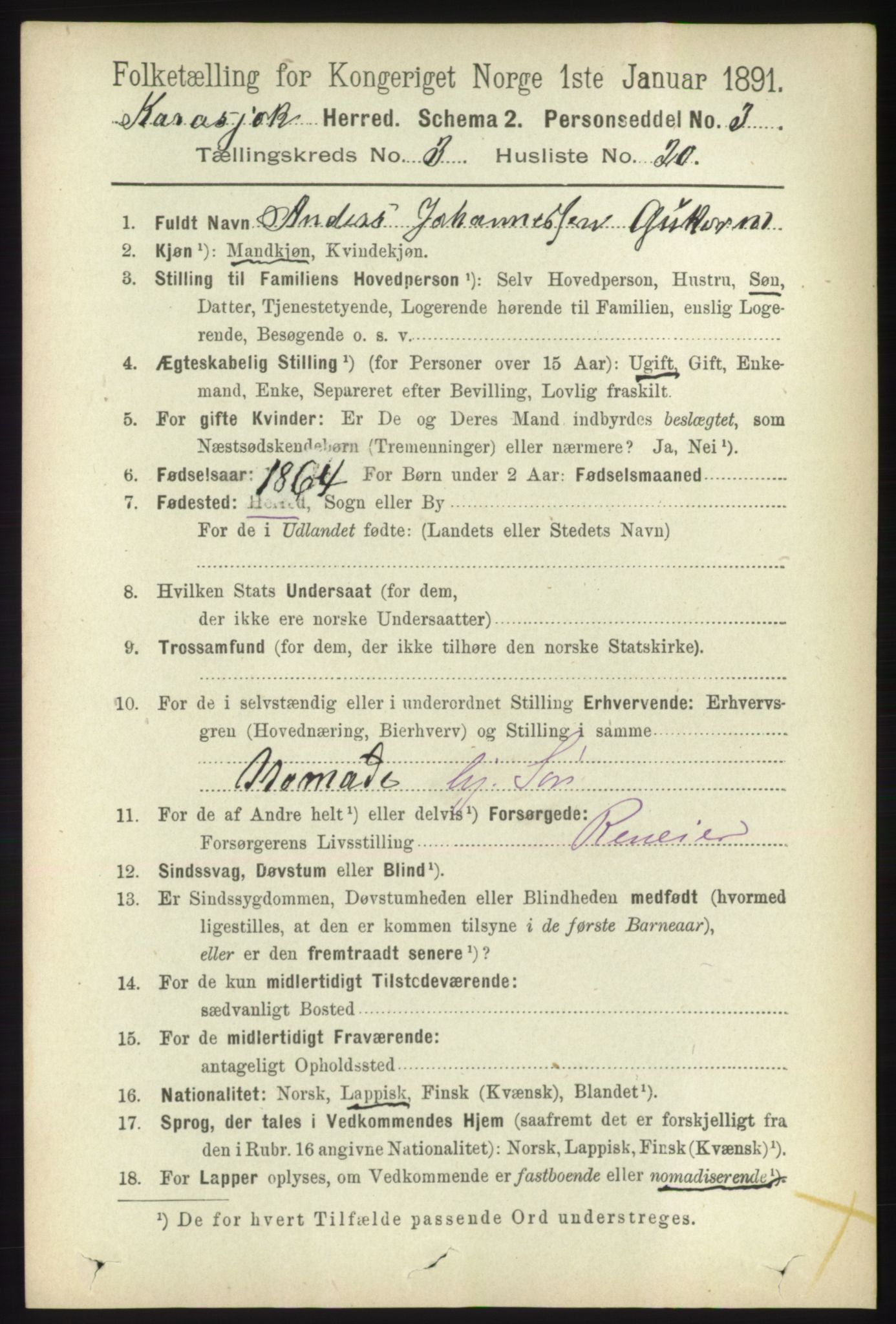 RA, 1891 census for 2021 Karasjok, 1891, p. 670